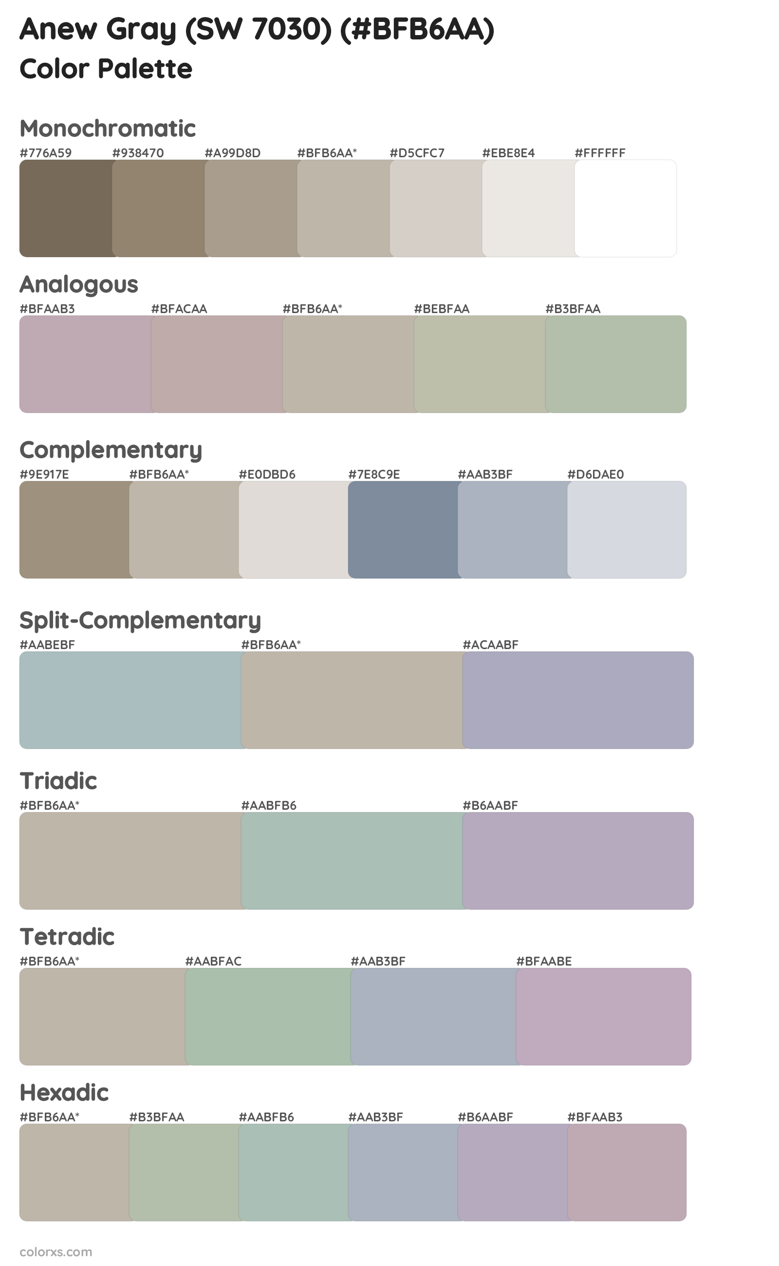 Anew Gray (SW 7030) Color Scheme Palettes