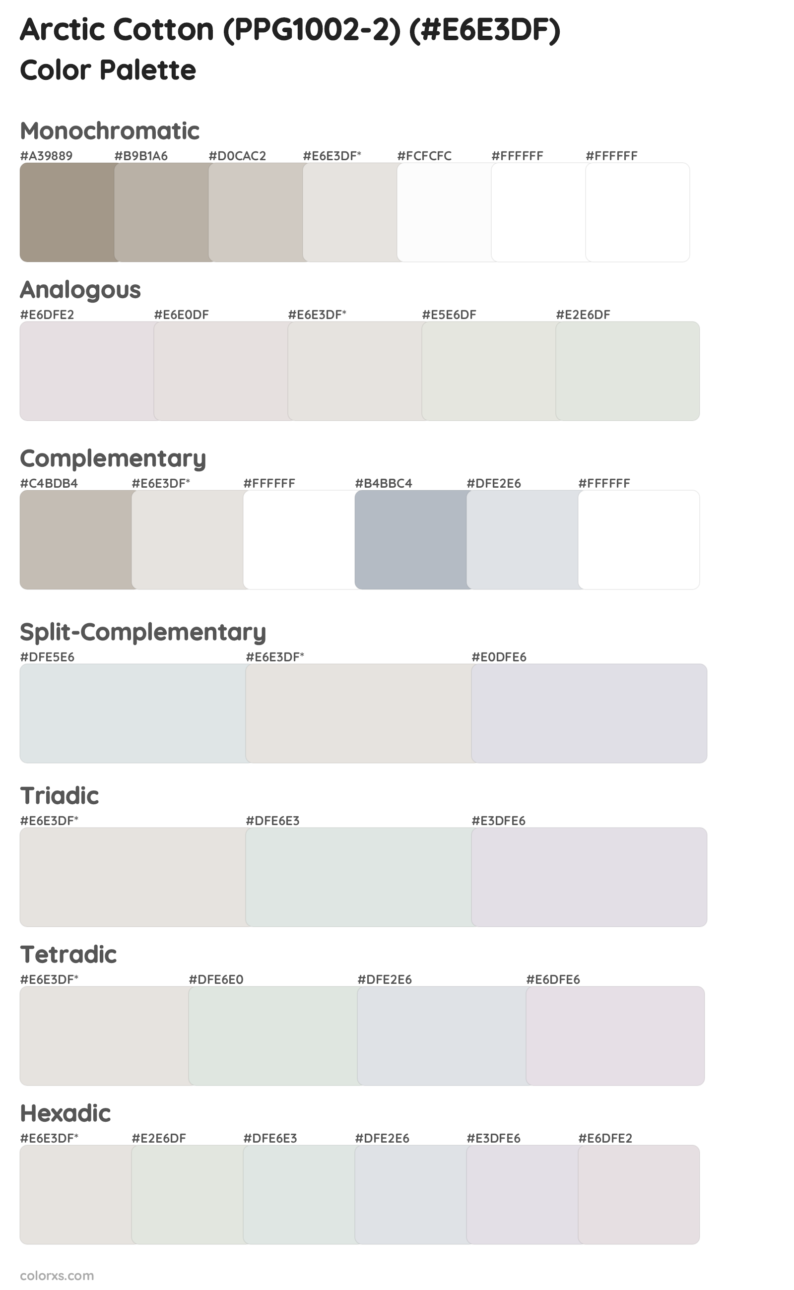 Arctic Cotton (PPG1002-2) Color Scheme Palettes