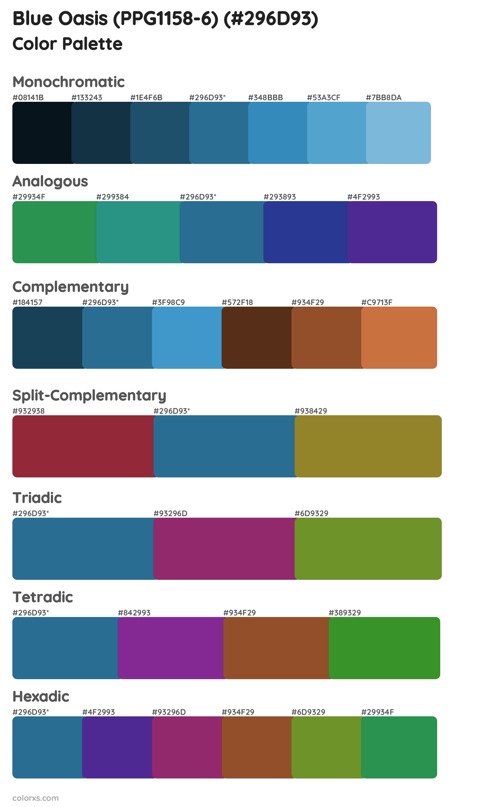 Blue Oasis (PPG1158-6) Color Scheme Palettes