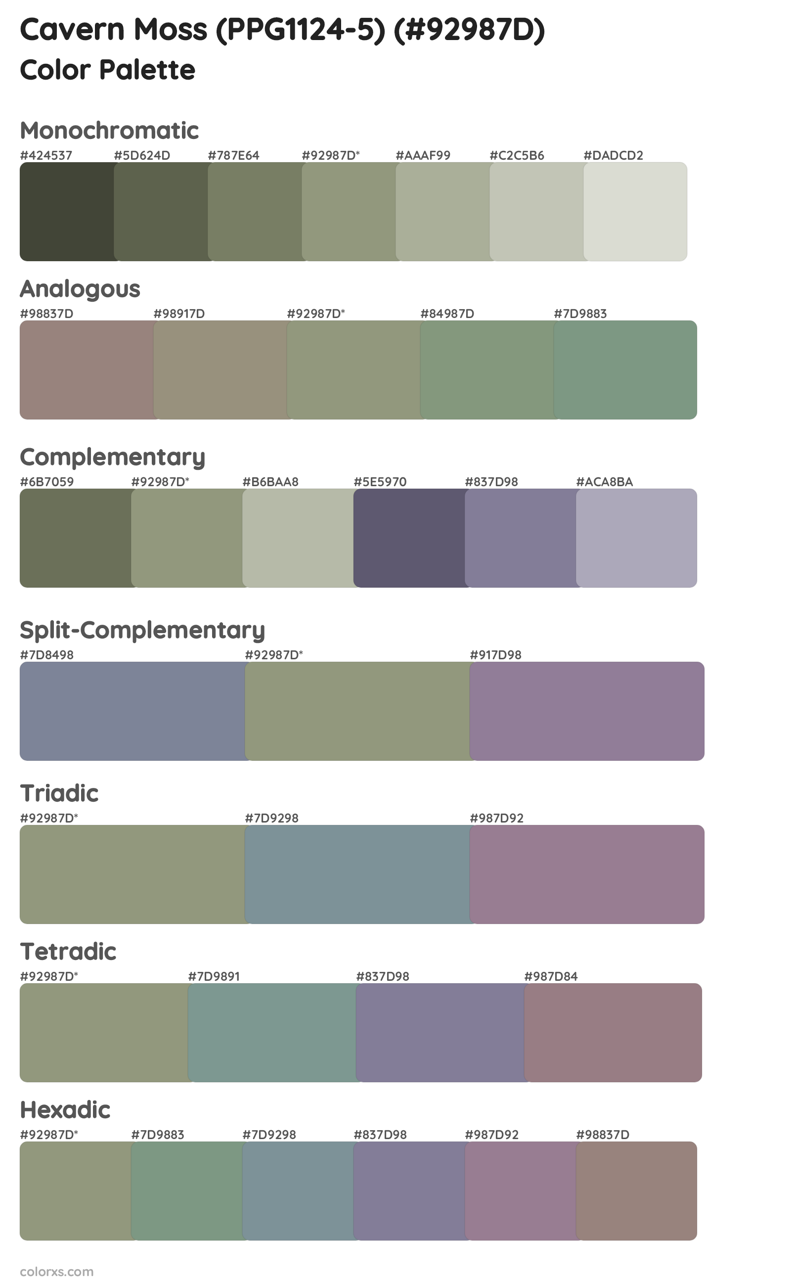 Cavern Moss (PPG1124-5) Color Scheme Palettes