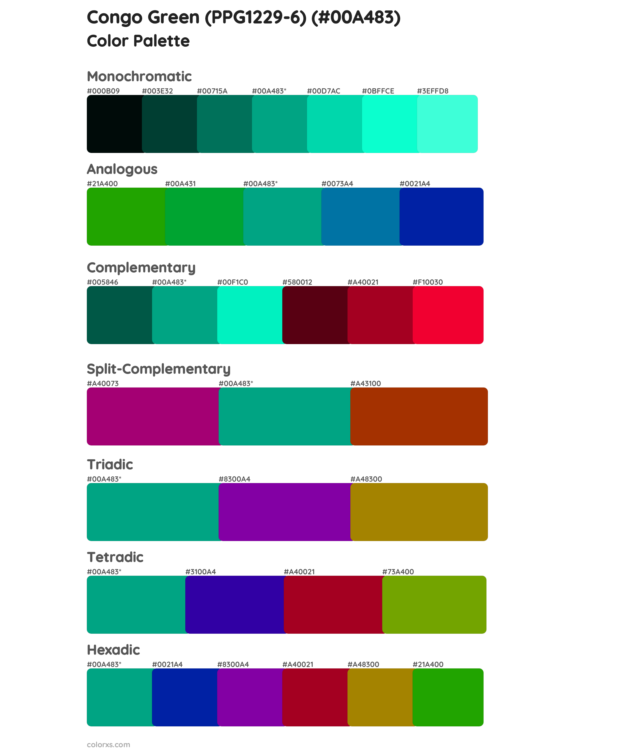 Congo Green (PPG1229-6) Color Scheme Palettes