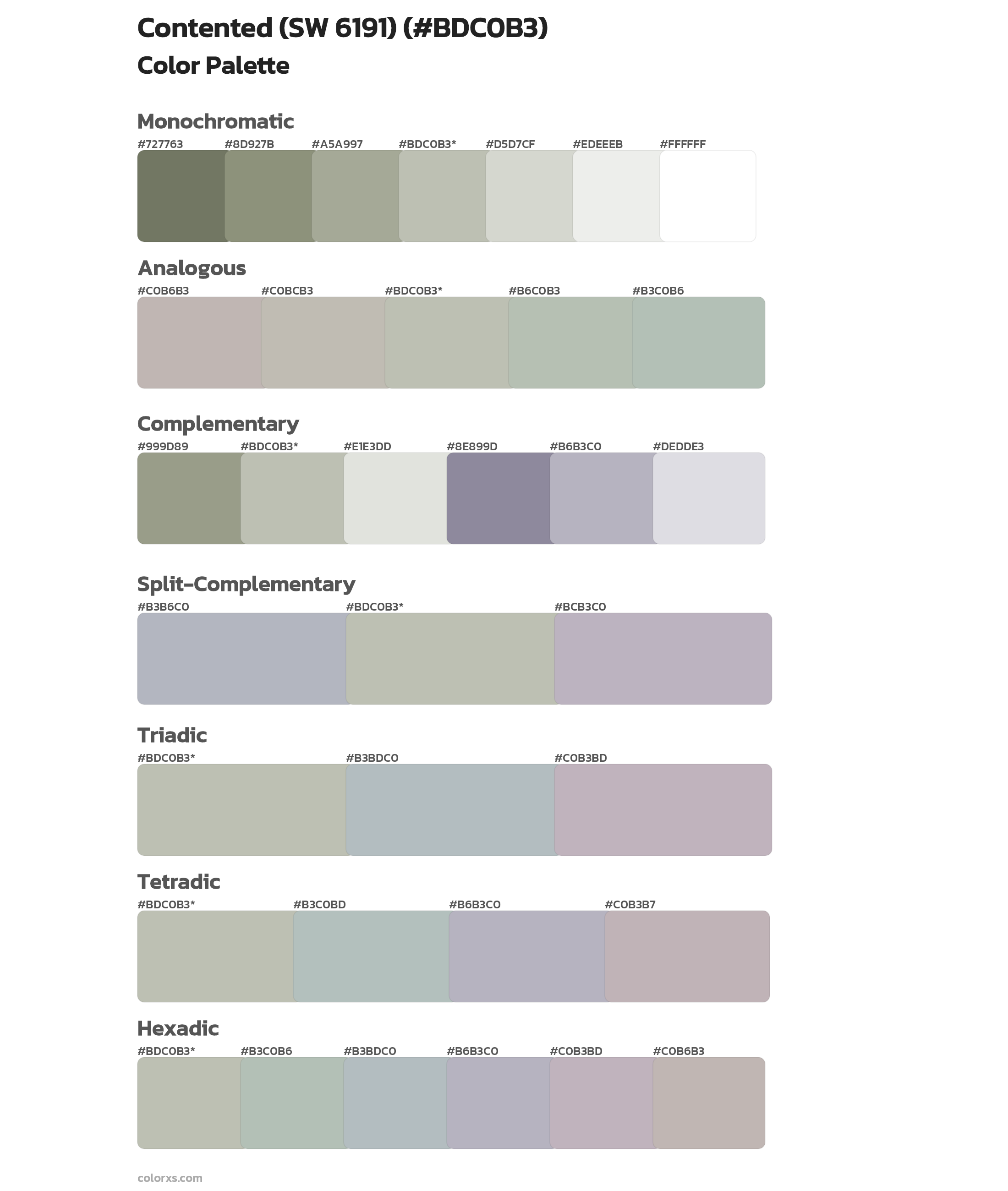 Sherwin Williams Contented (SW 6191) Paint coordinating colors and palettes