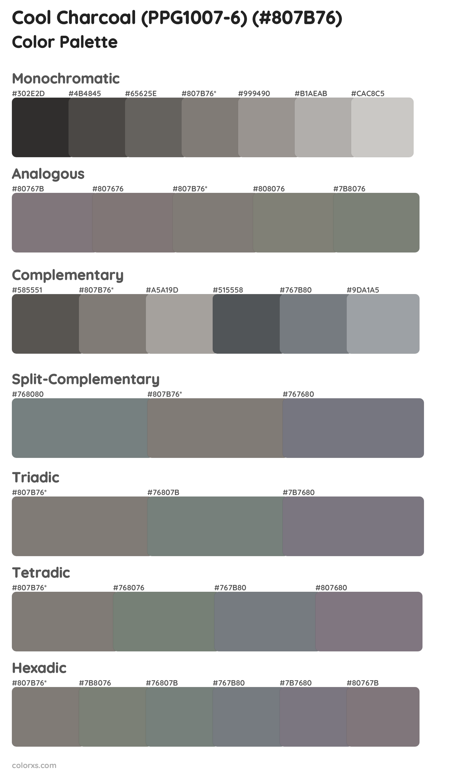 Cool Charcoal (PPG1007-6) Color Scheme Palettes
