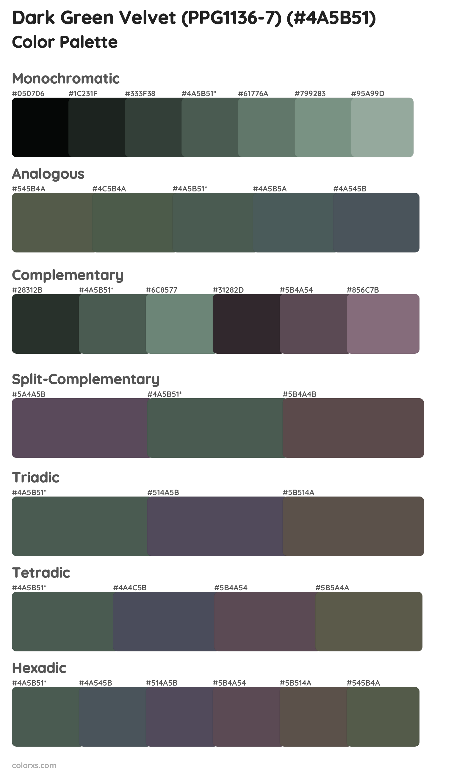 Dark Green Velvet (PPG1136-7) Color Scheme Palettes