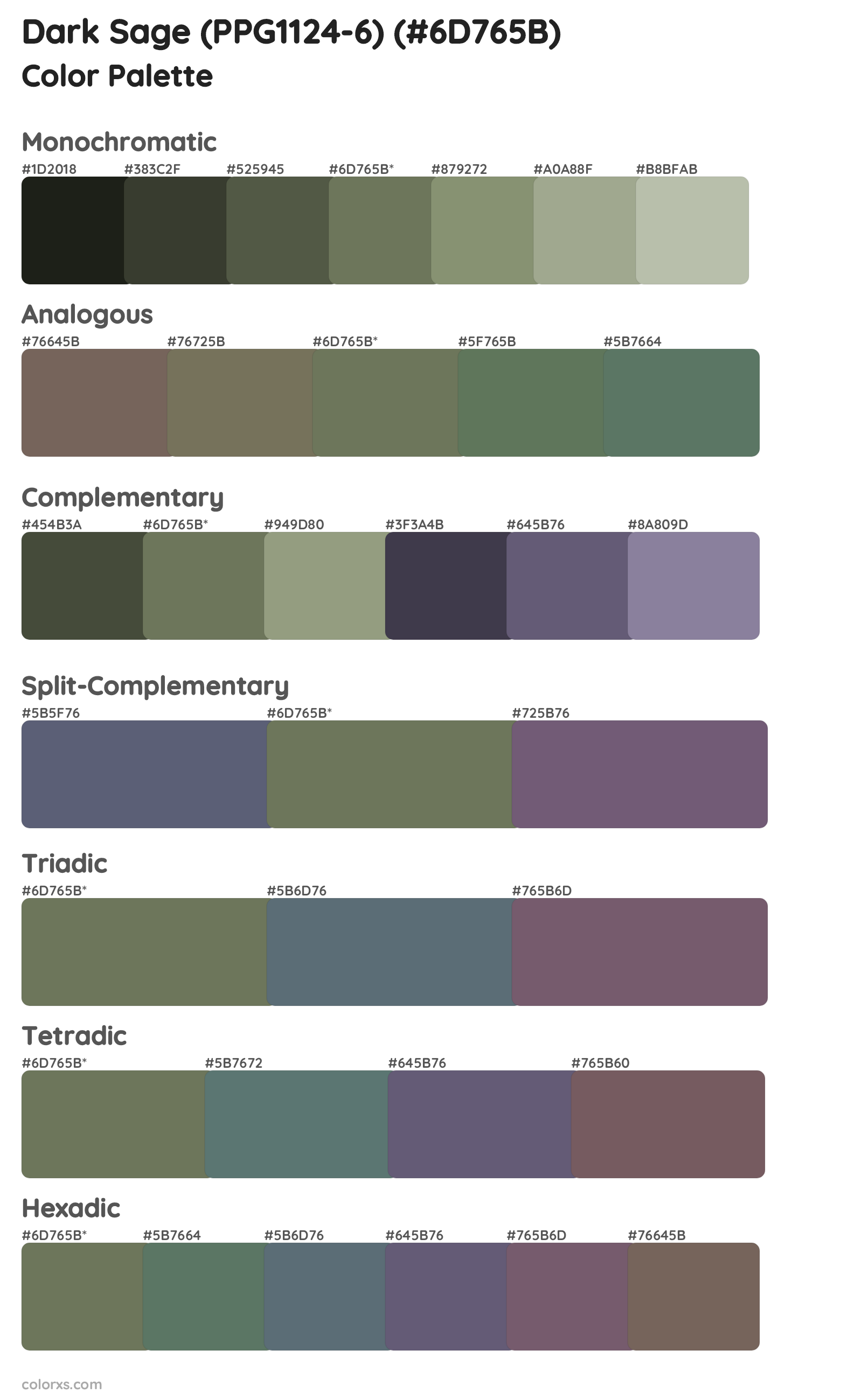 Dark Sage (PPG1124-6) Color Scheme Palettes