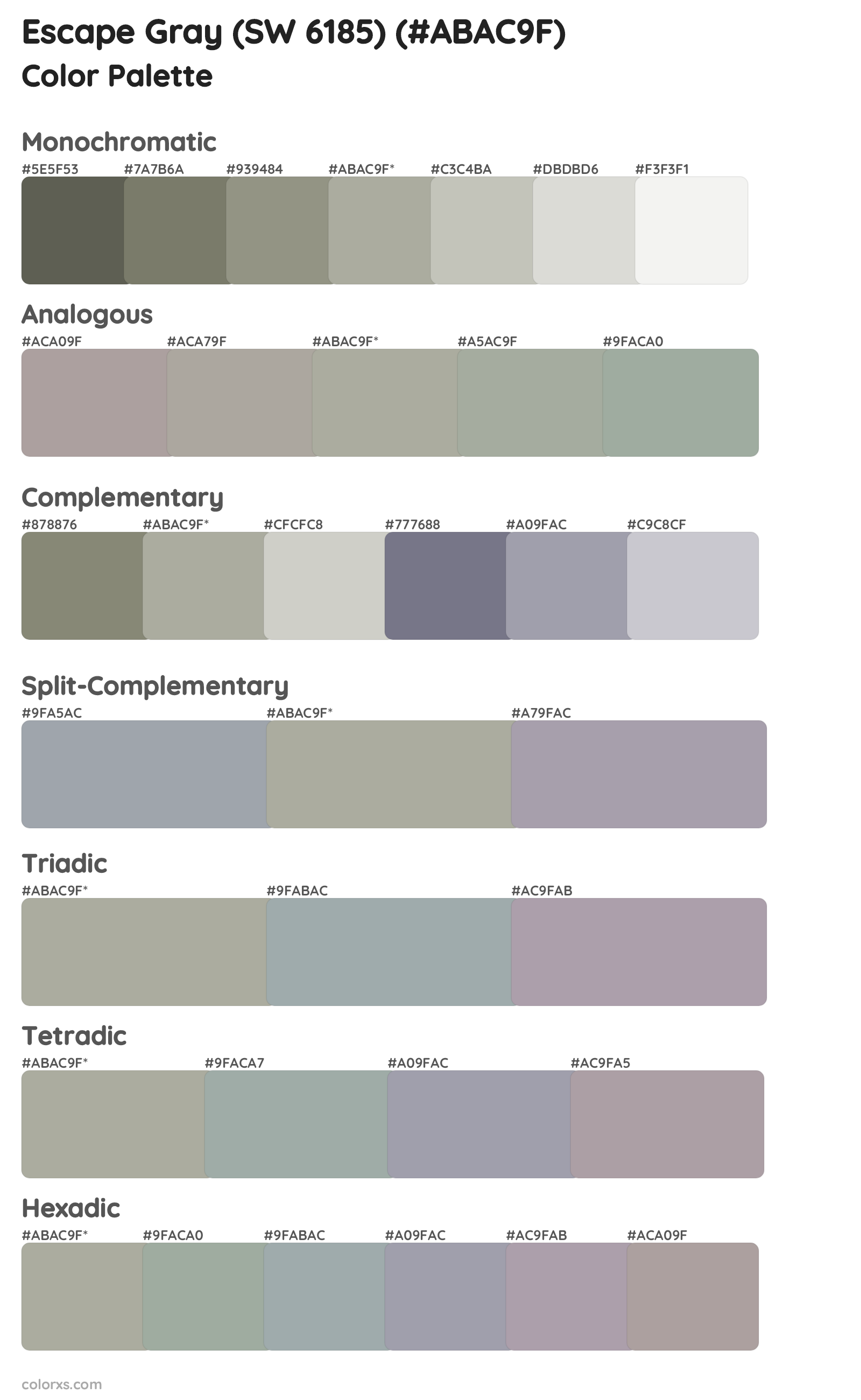 Escape Gray (SW 6185) Color Scheme Palettes