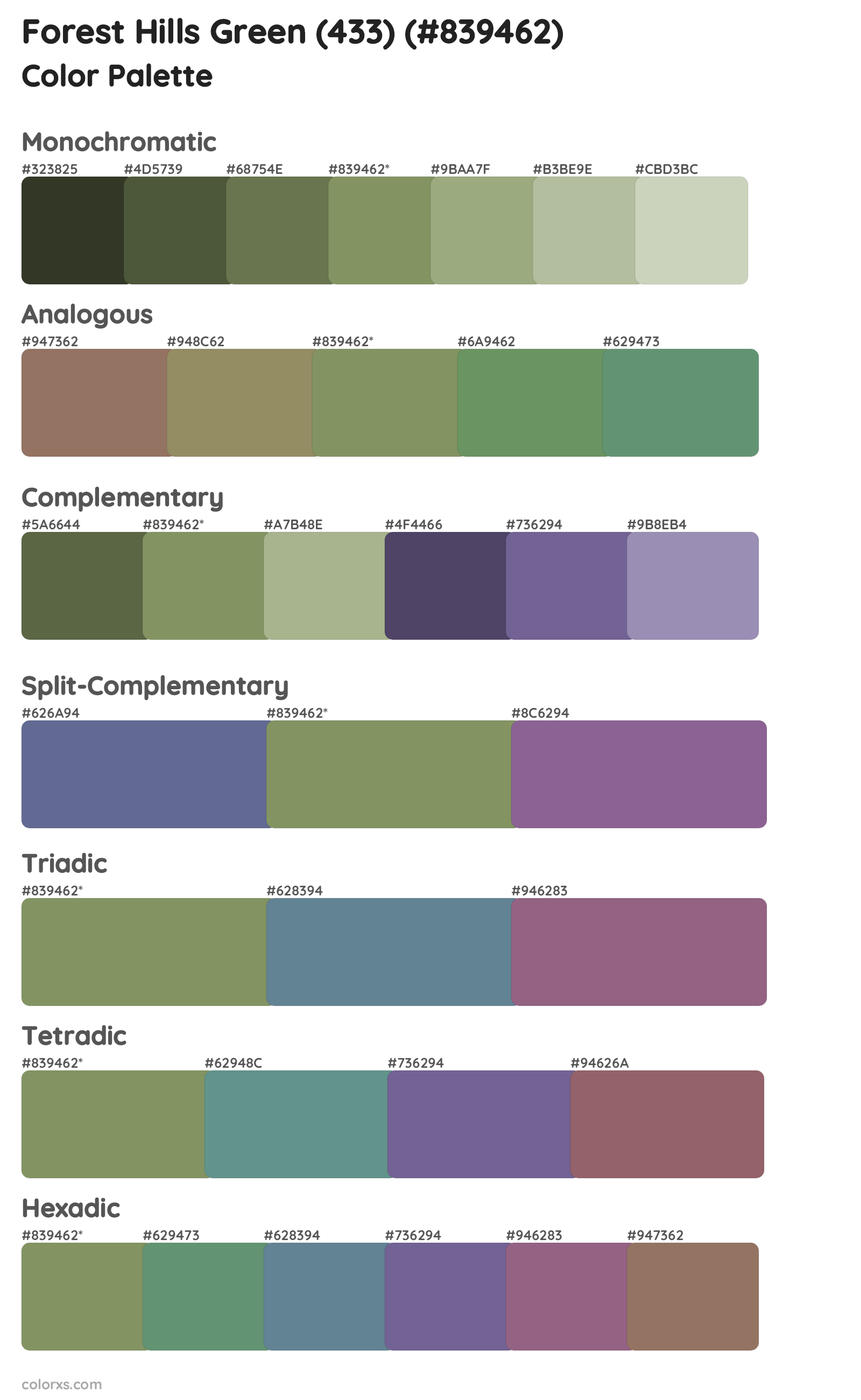 Forest Hills Green (433) Color Scheme Palettes