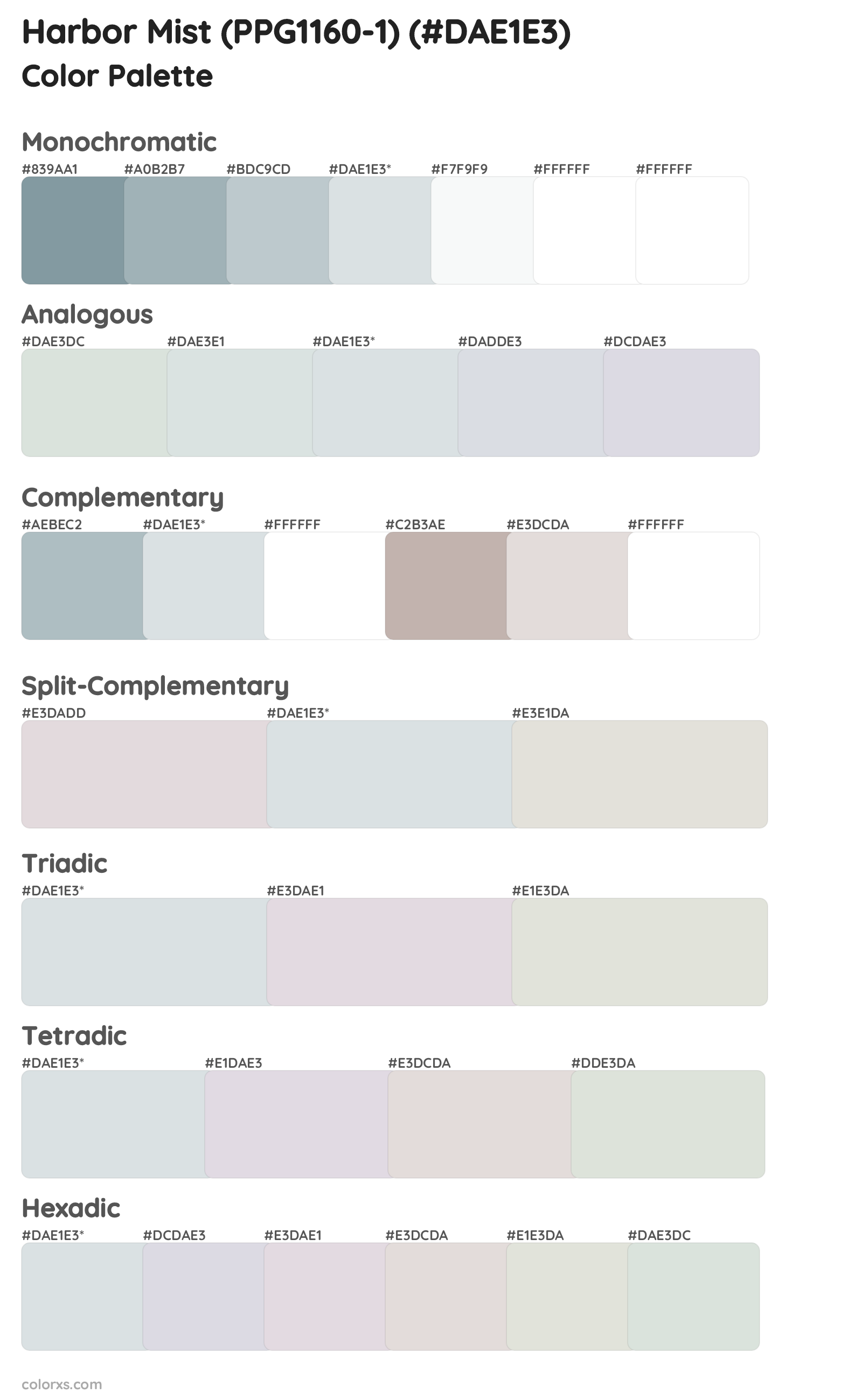 Harbor Mist (PPG1160-1) Color Scheme Palettes