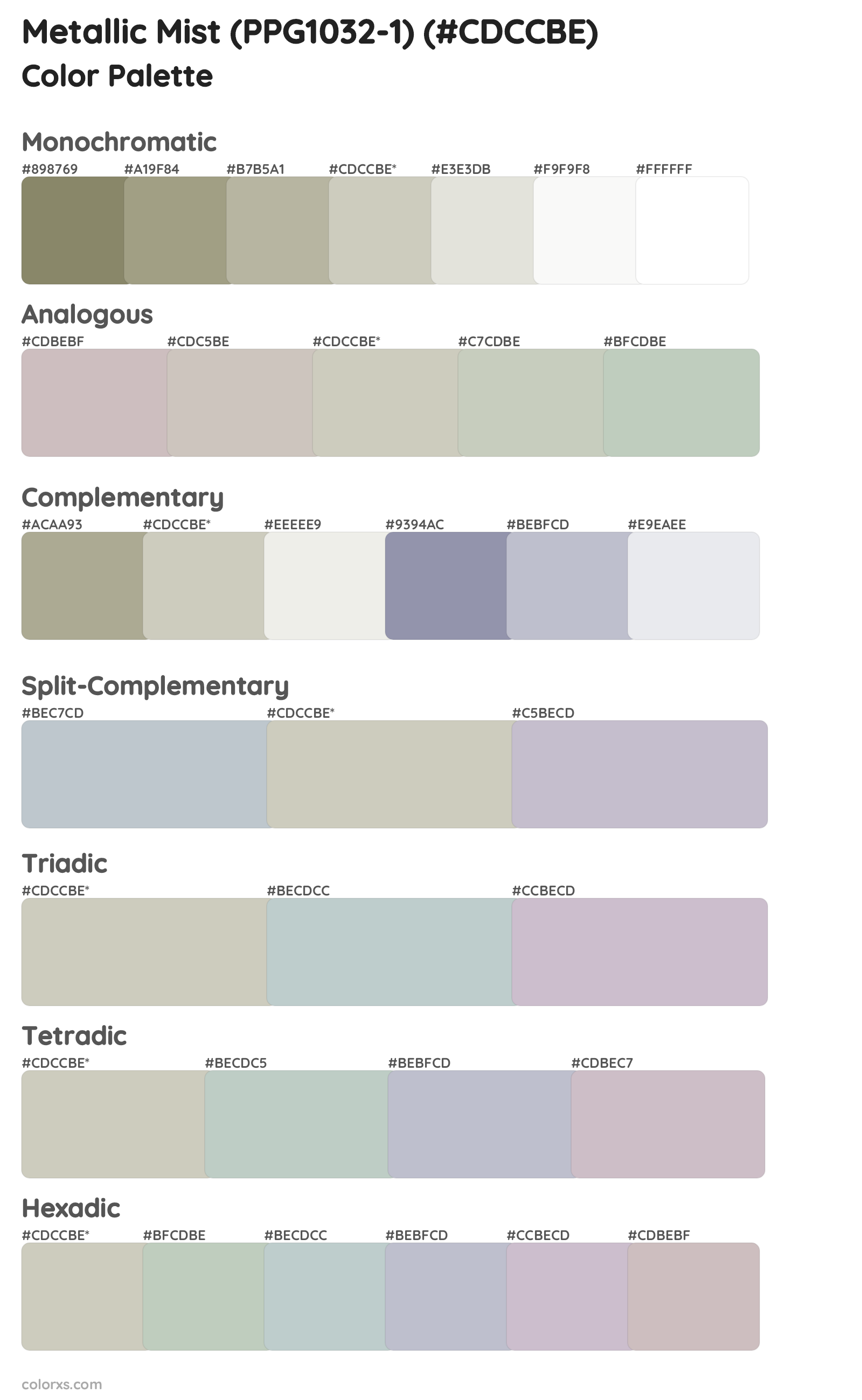 Metallic Mist (PPG1032-1) Color Scheme Palettes