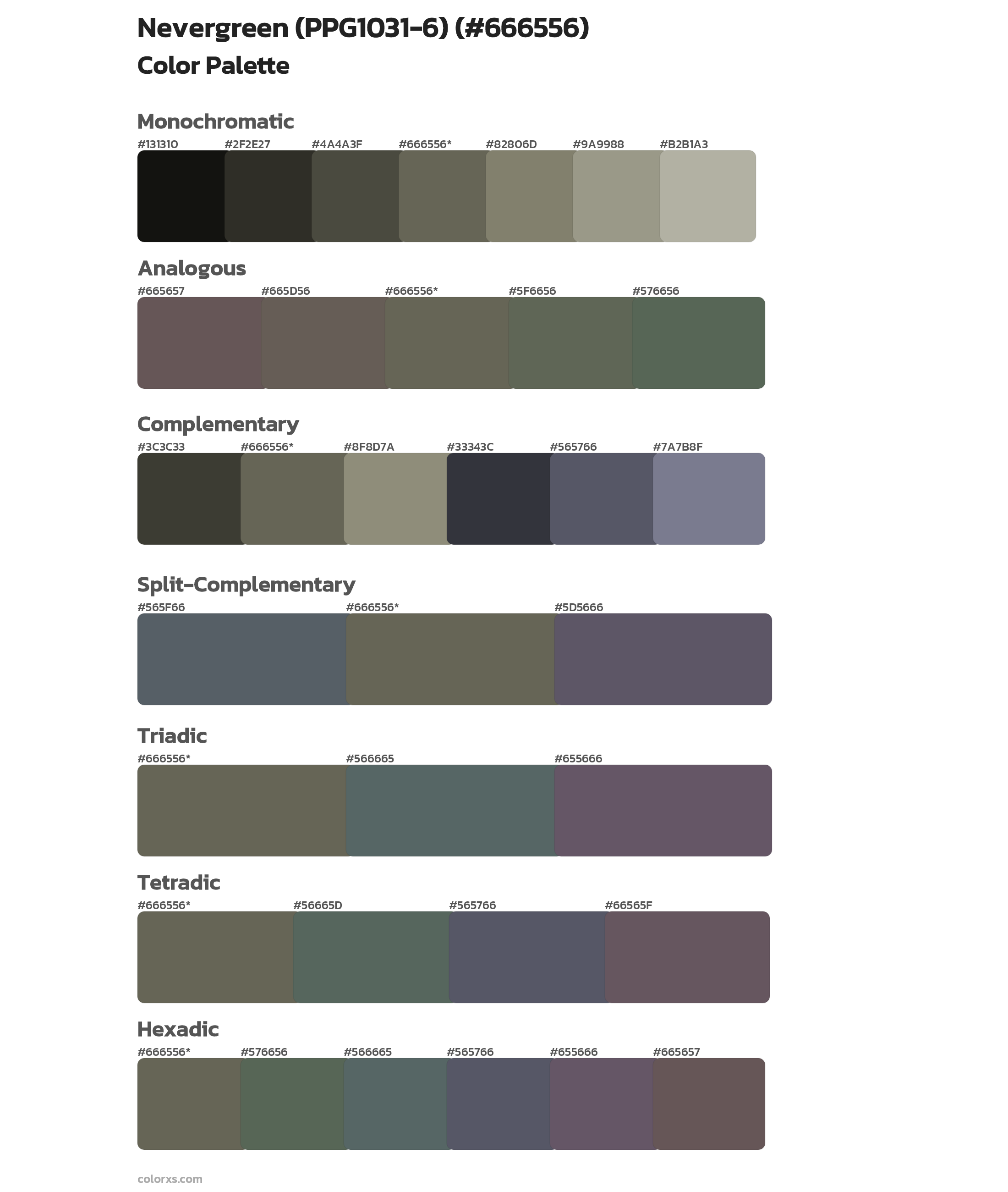 Nevergreen (PPG1031-6) Color Scheme Palettes