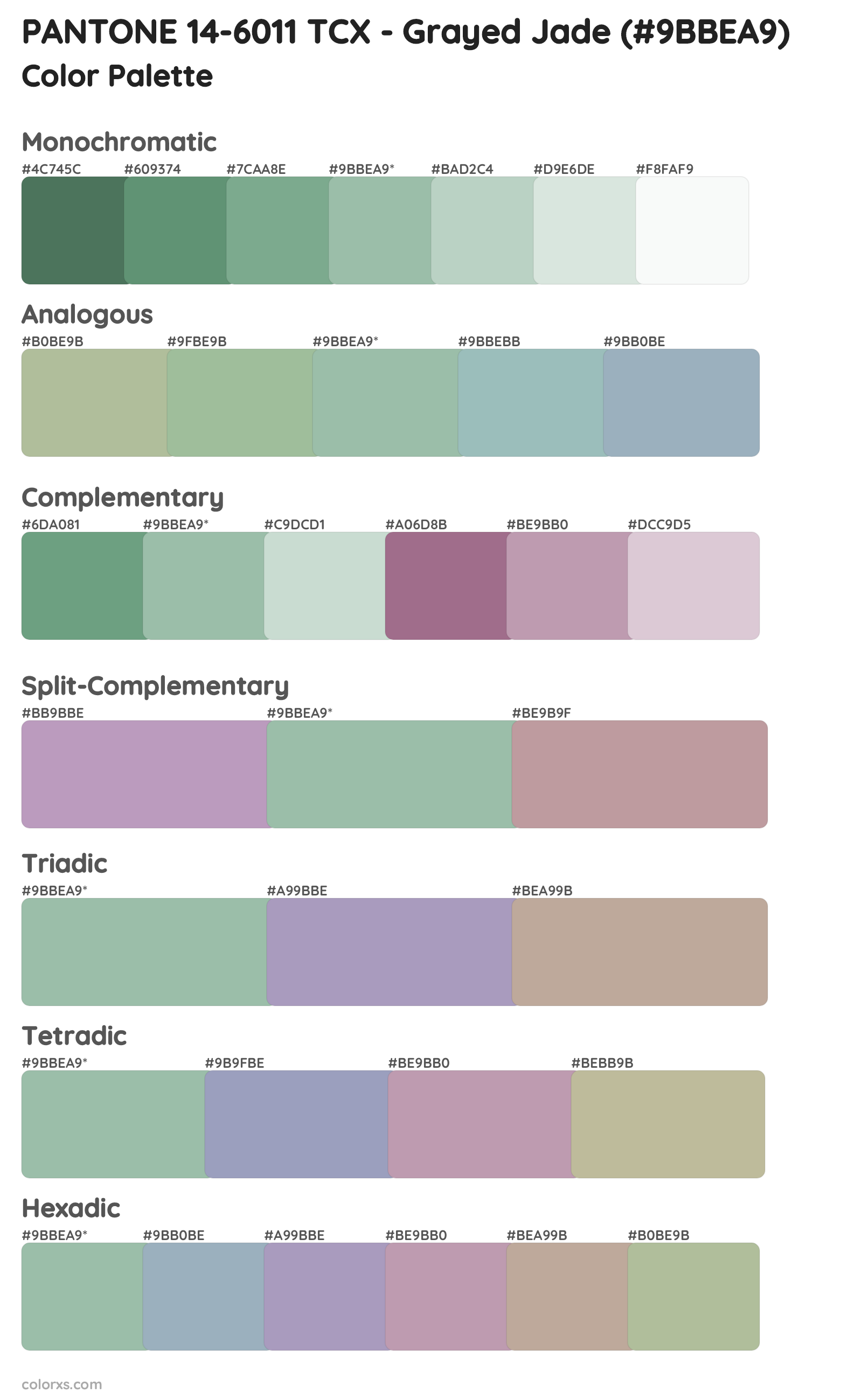PANTONE 14-6011 TCX - Grayed Jade Color Scheme Palettes