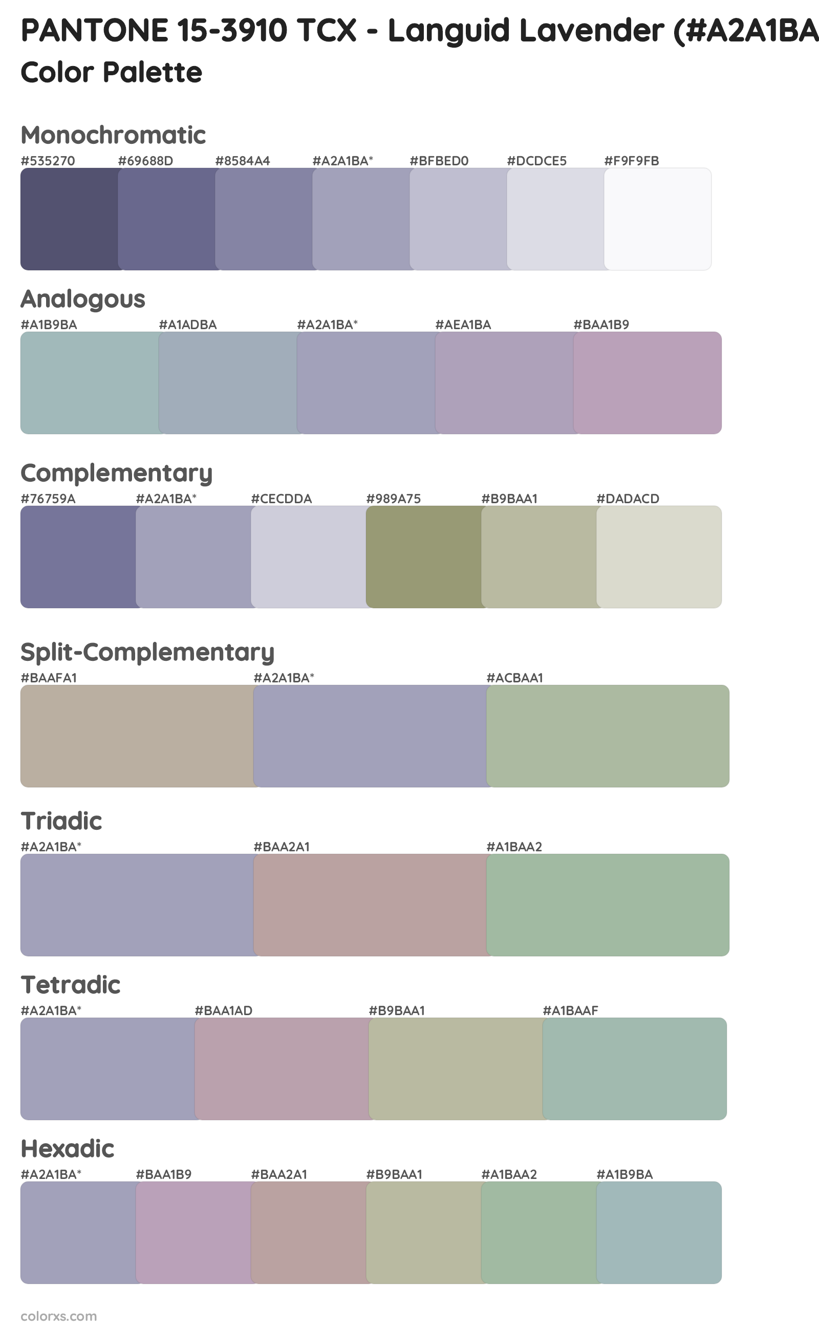 PANTONE 15-3910 TCX - Languid Lavender Color Scheme Palettes