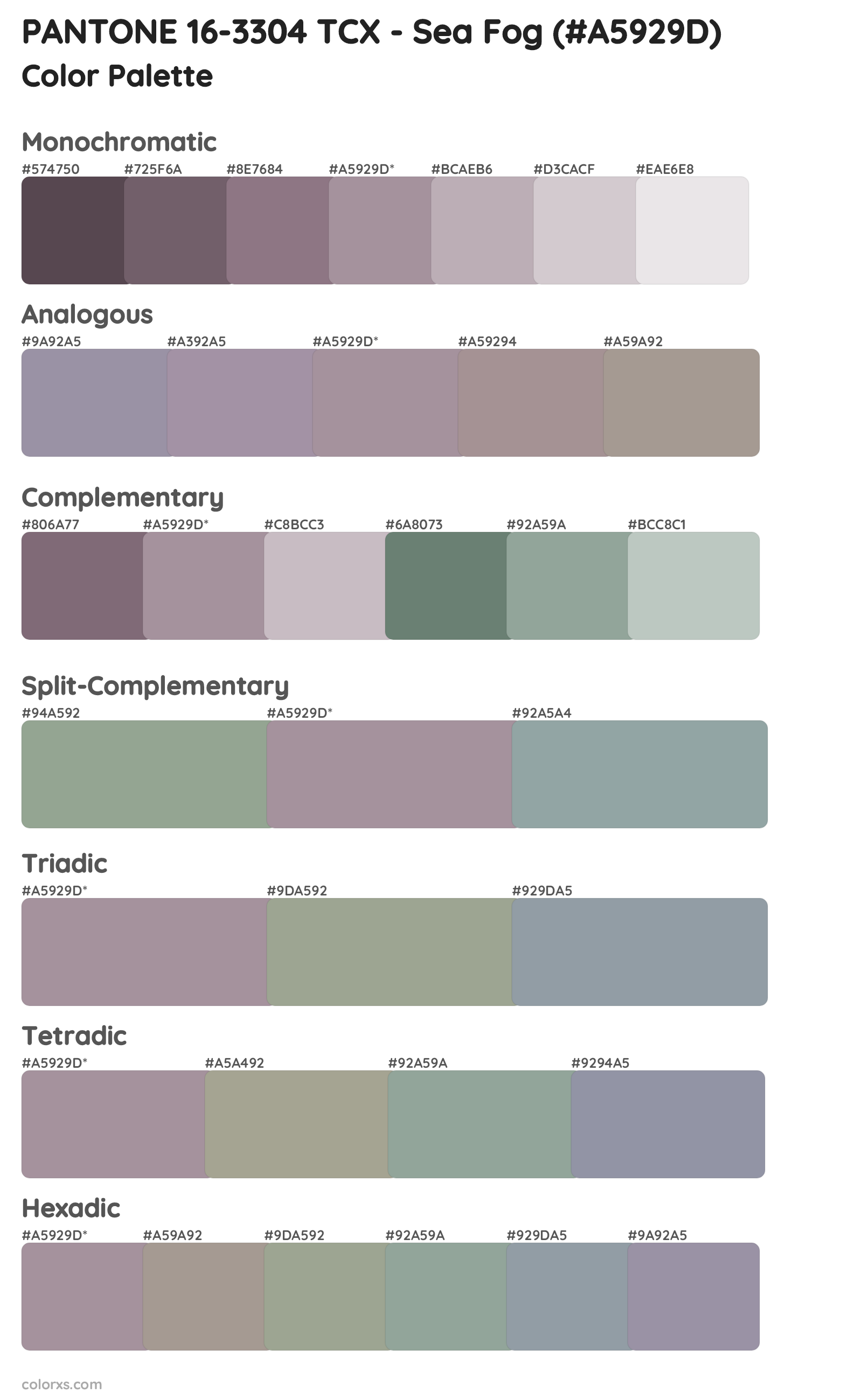 PANTONE 16-3304 TCX - Sea Fog Color Scheme Palettes