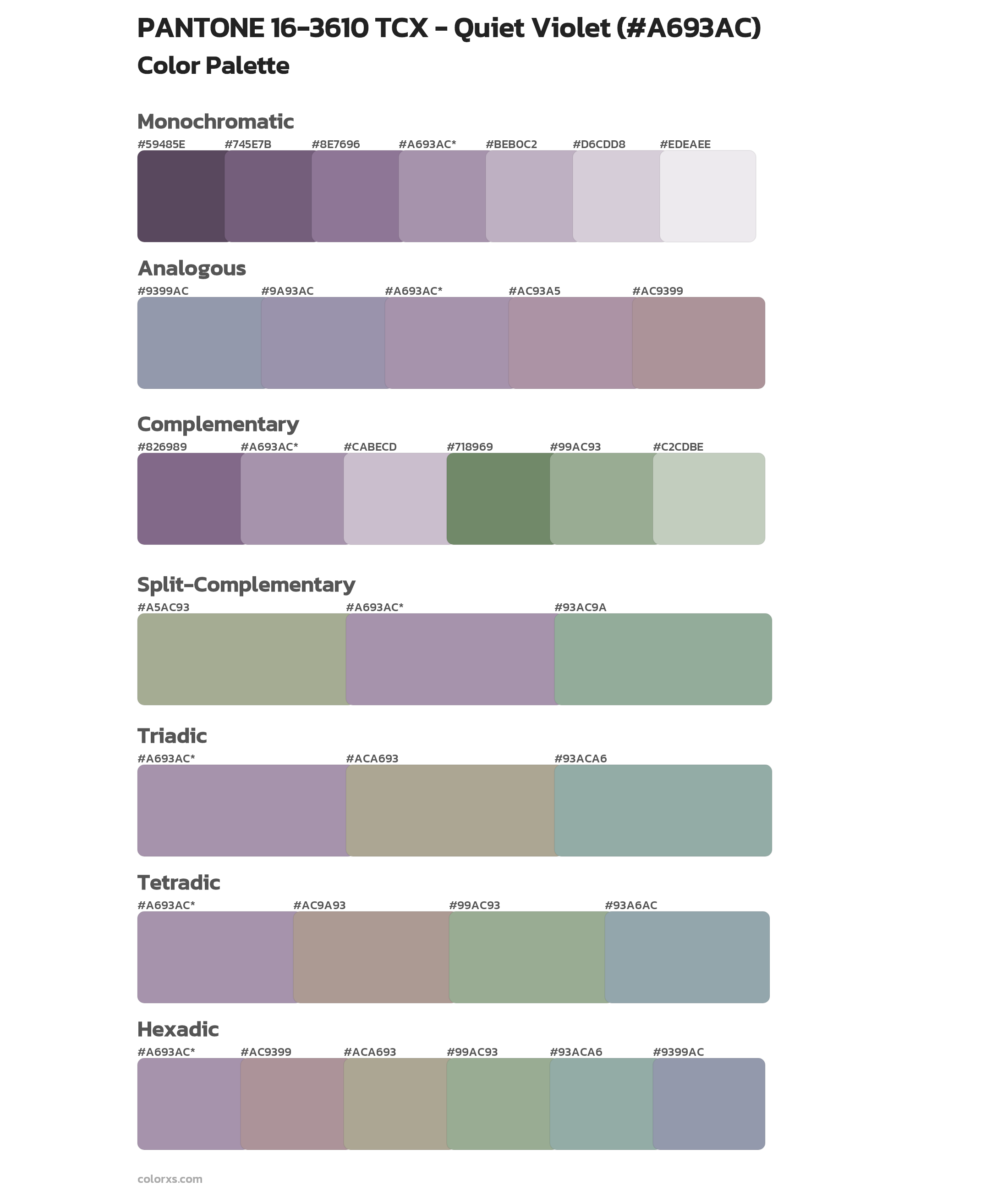 PANTONE 16-3610 TCX - Quiet Violet Color Scheme Palettes