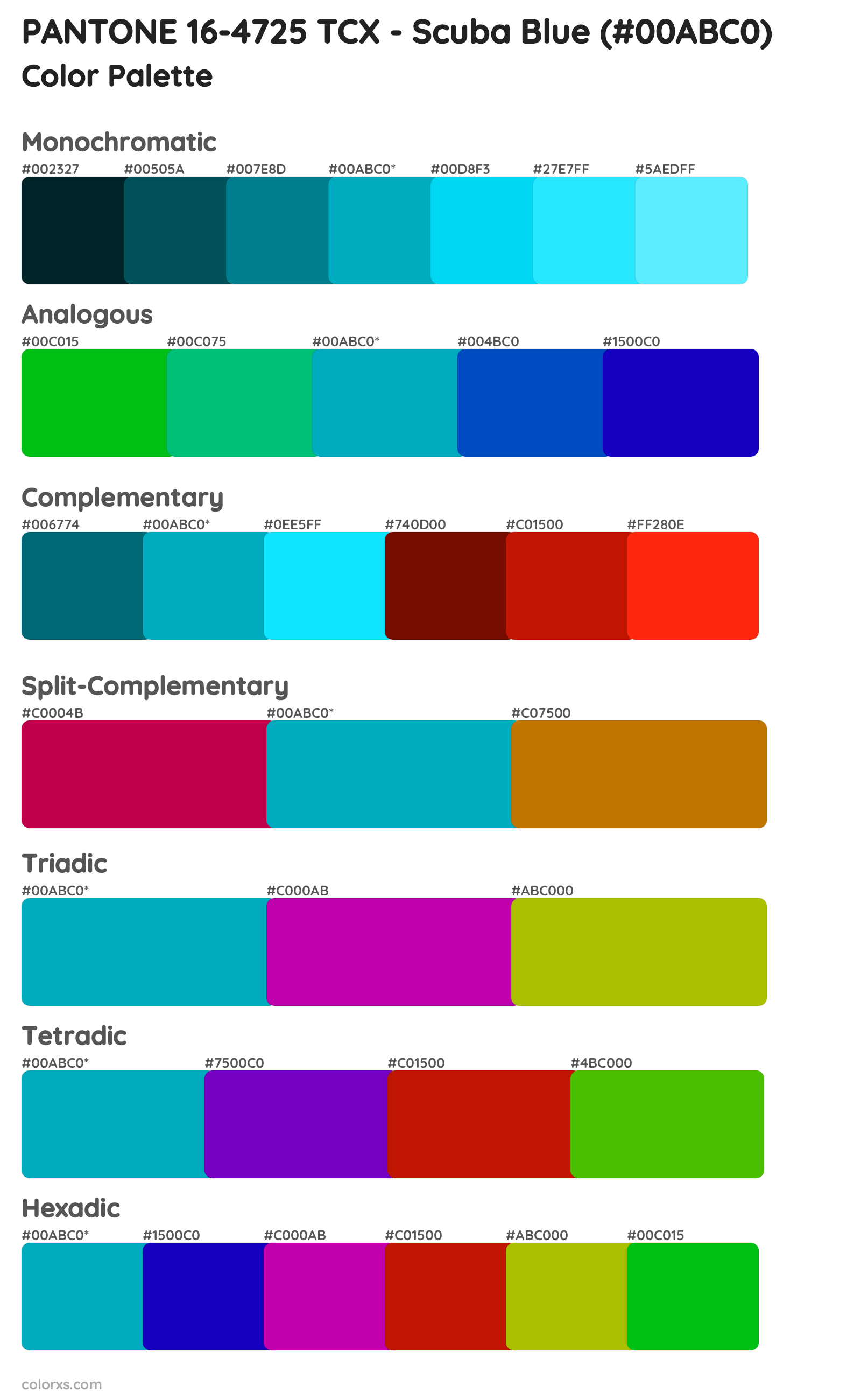 PANTONE 16-4725 TCX - Scuba Blue Color Scheme Palettes