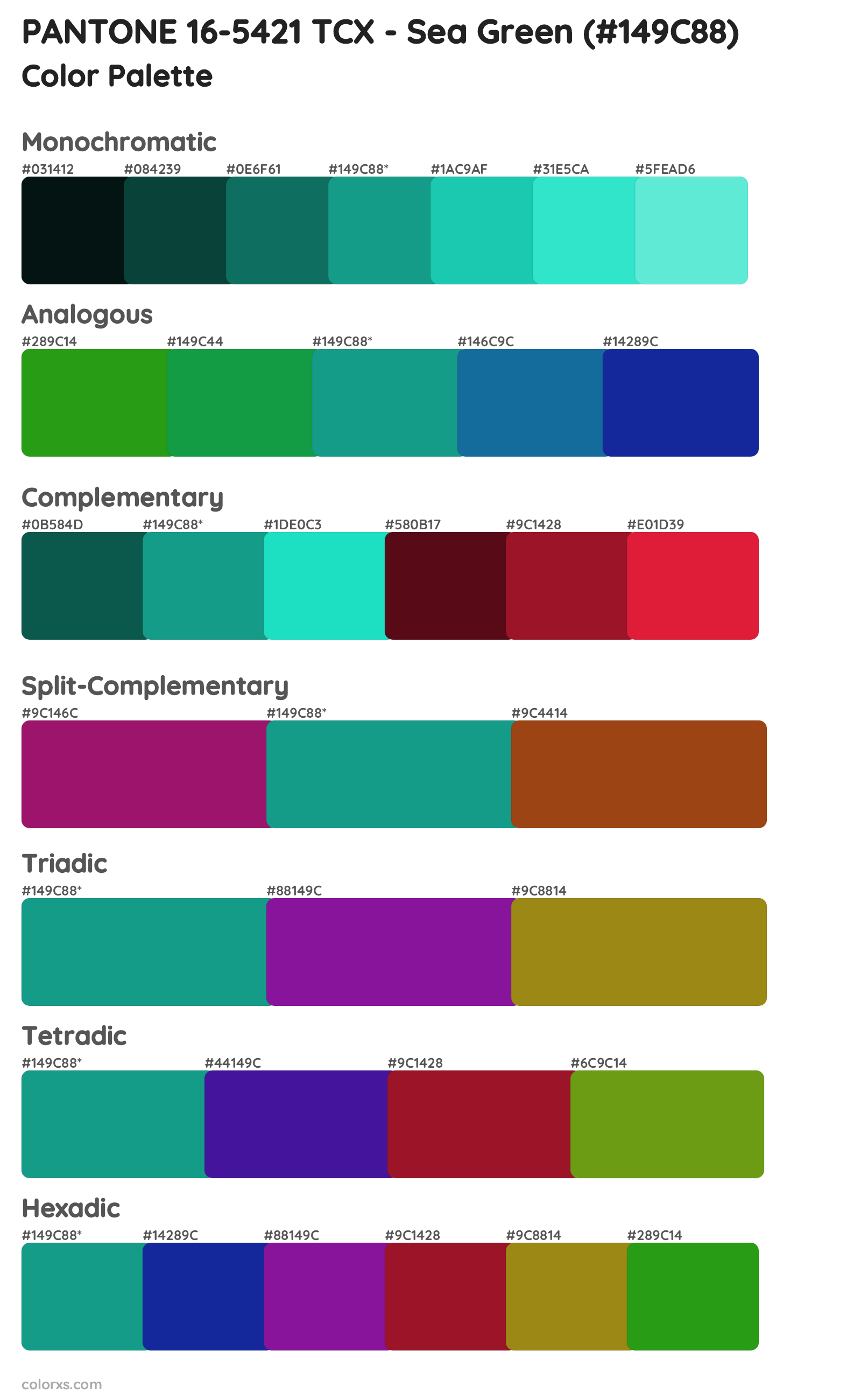 PANTONE 16-5421 TCX - Sea Green Color Scheme Palettes