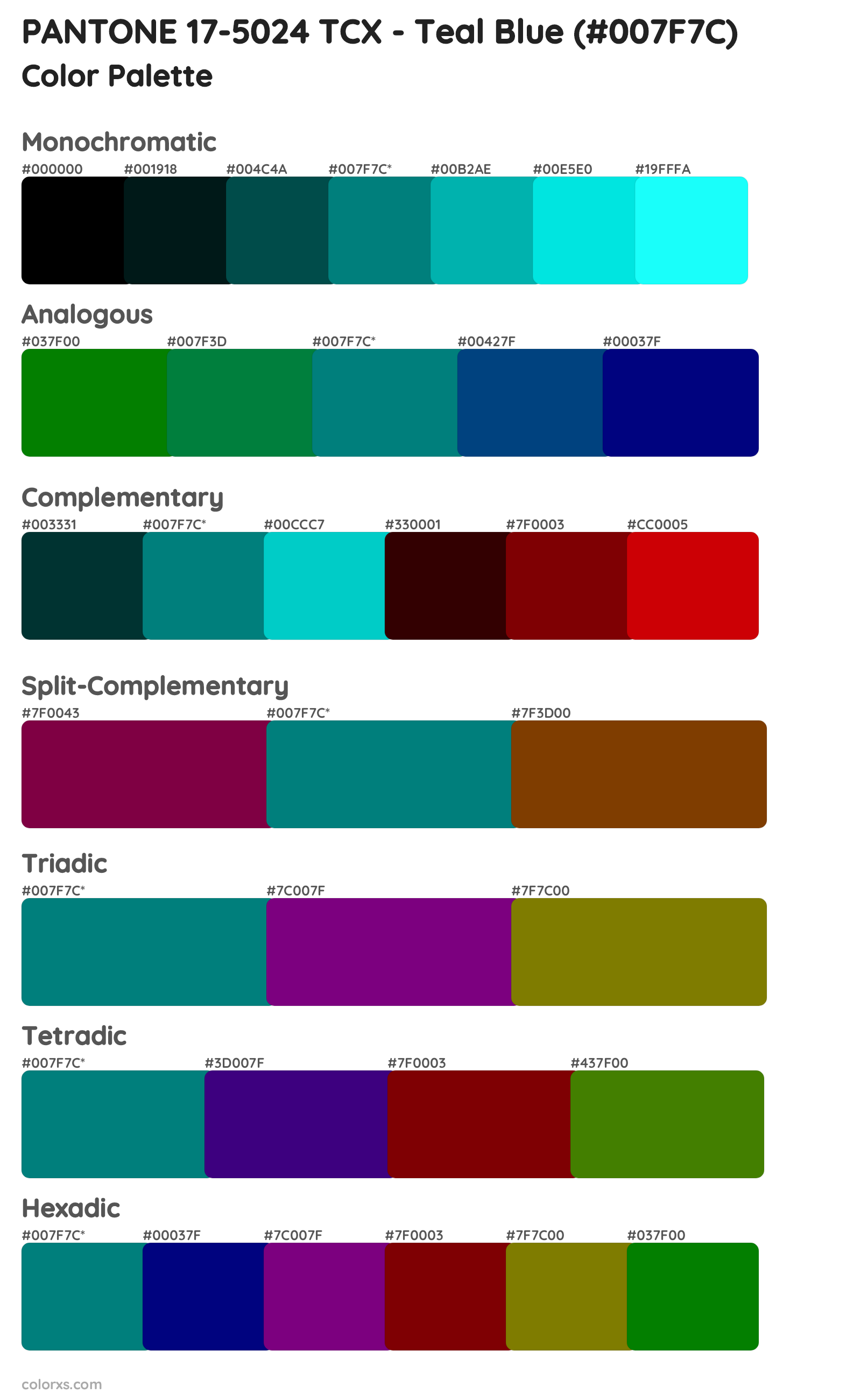 PANTONE 17-5024 TCX - Teal Blue Color Scheme Palettes