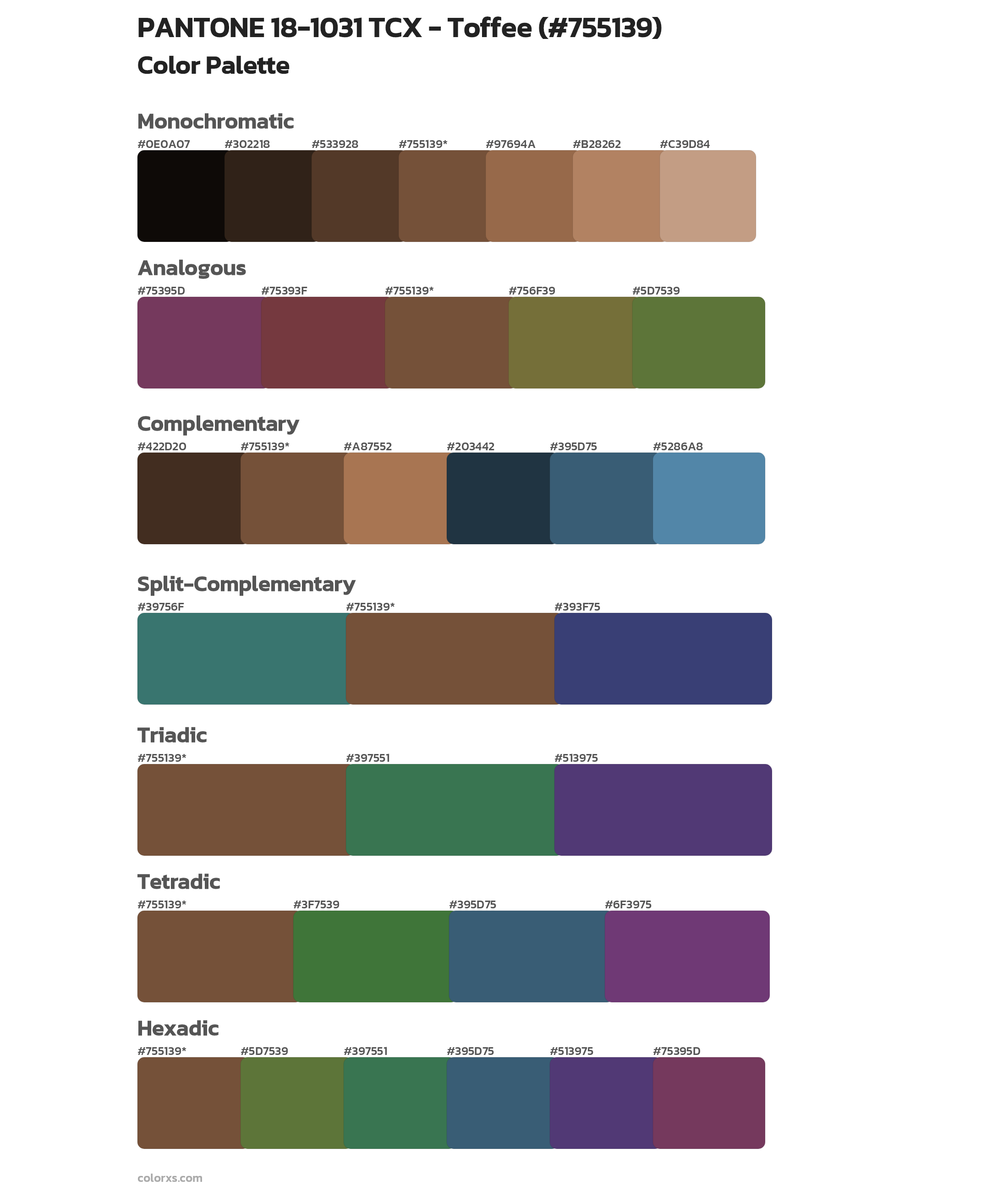PANTONE 18-1031 TCX - Toffee Color Scheme Palettes