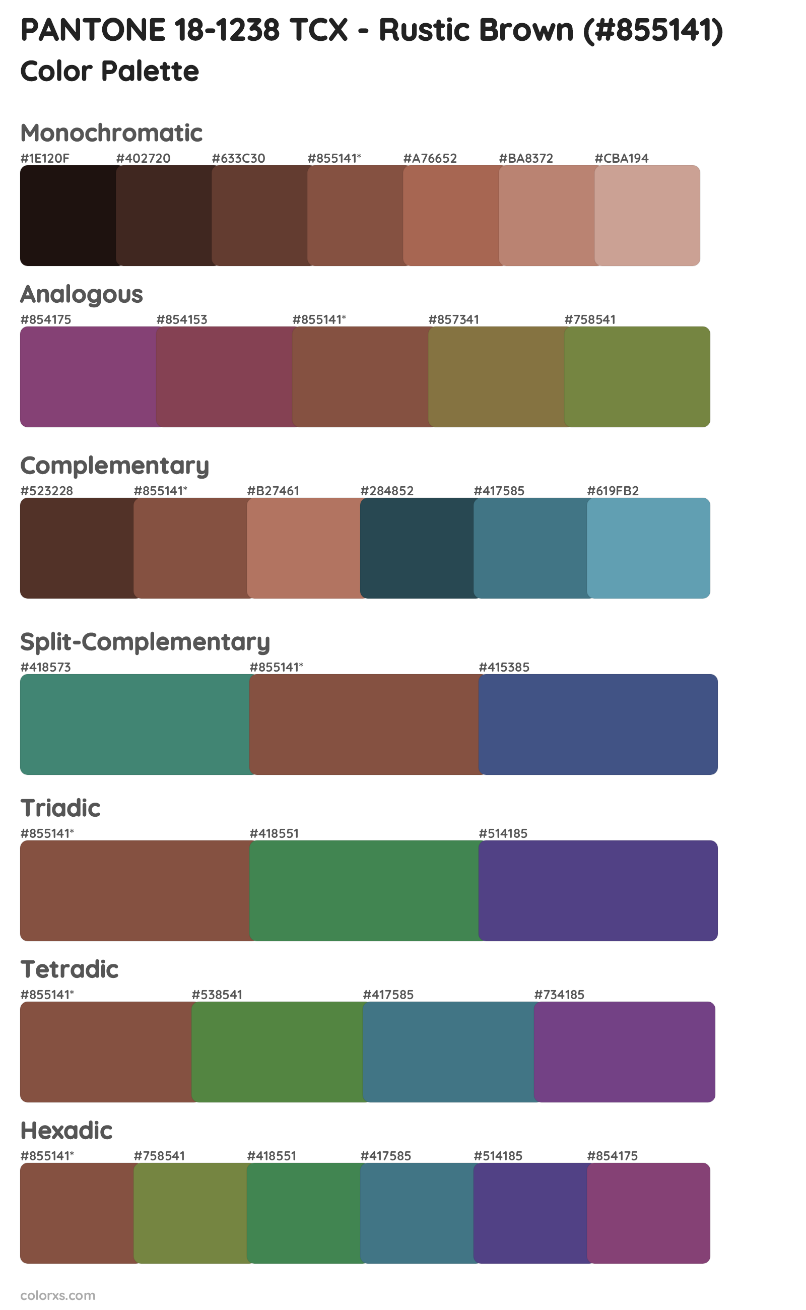 PANTONE 18-1238 TCX - Rustic Brown Color Scheme Palettes