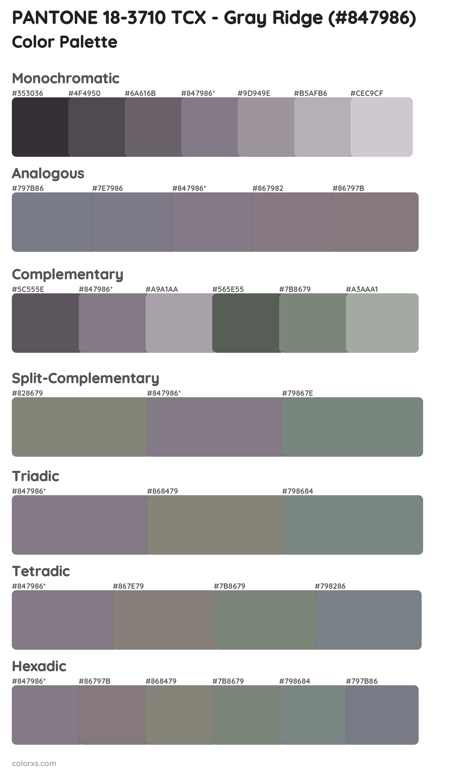 PANTONE 18-3710 TCX - Gray Ridge Color Scheme Palettes
