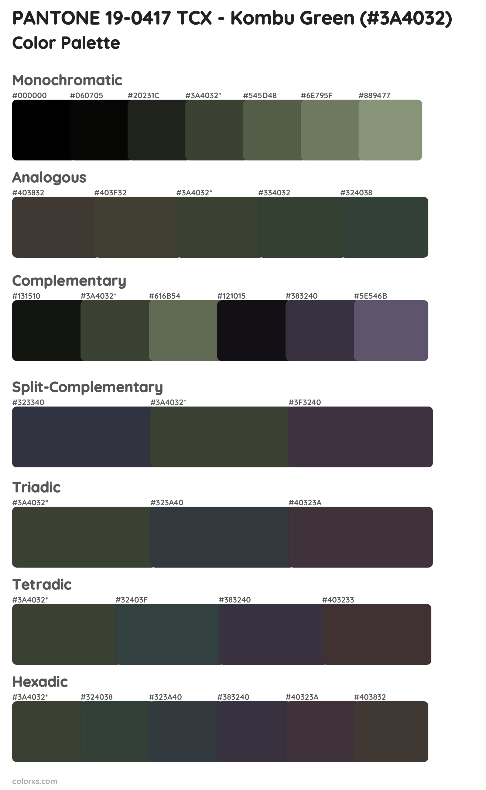 PANTONE 19-0417 TCX - Kombu Green Color Scheme Palettes