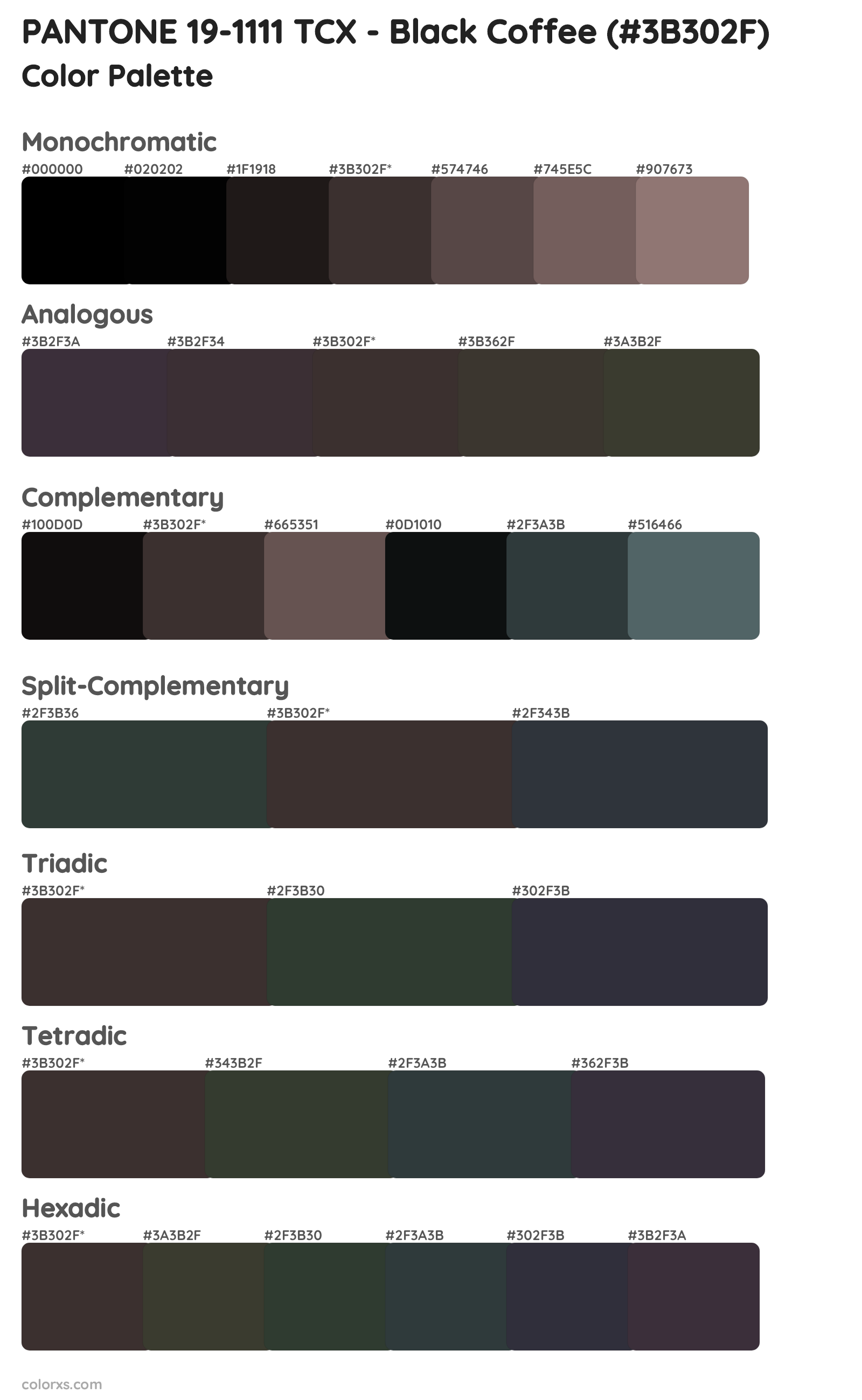 PANTONE 19-1111 TCX - Black Coffee Color Scheme Palettes