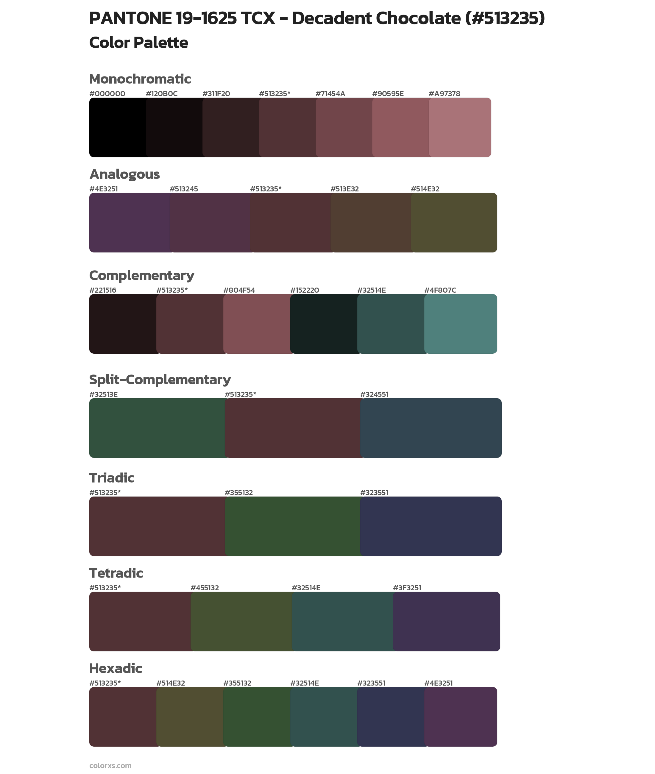 PANTONE 19-1625 TCX - Decadent Chocolate Color Scheme Palettes