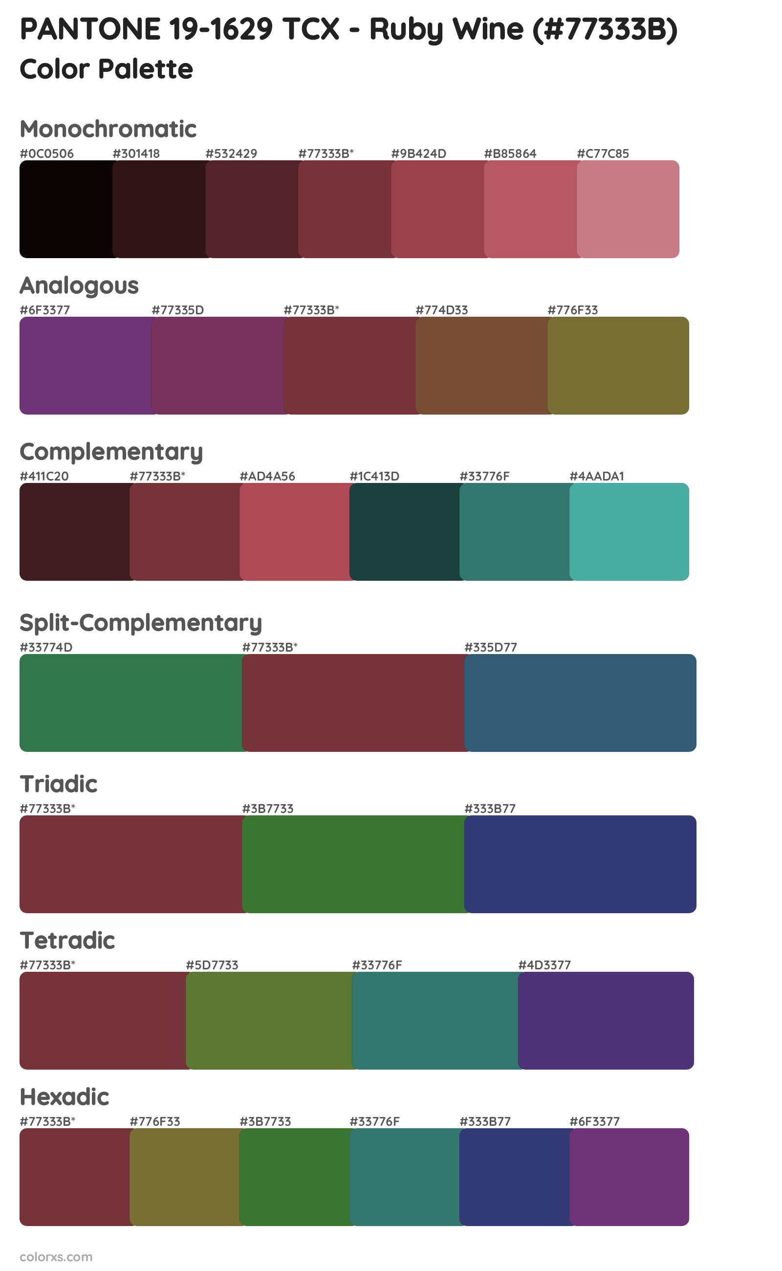 PANTONE 19-1629 TCX - Ruby Wine Color Scheme Palettes