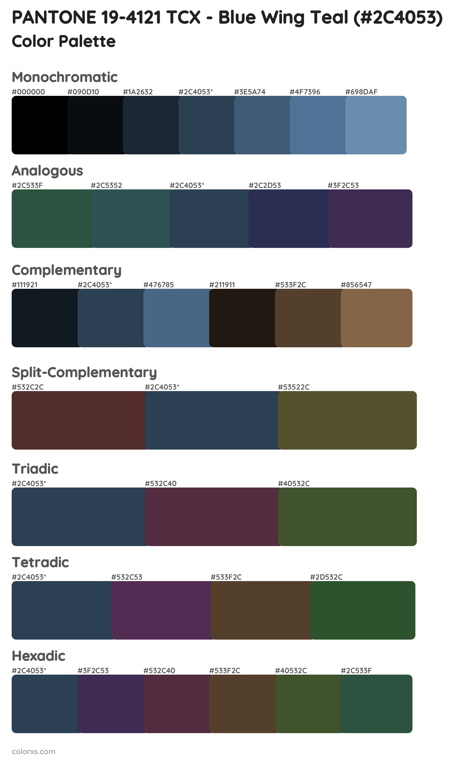PANTONE 19-4121 TCX - Blue Wing Teal Color Scheme Palettes