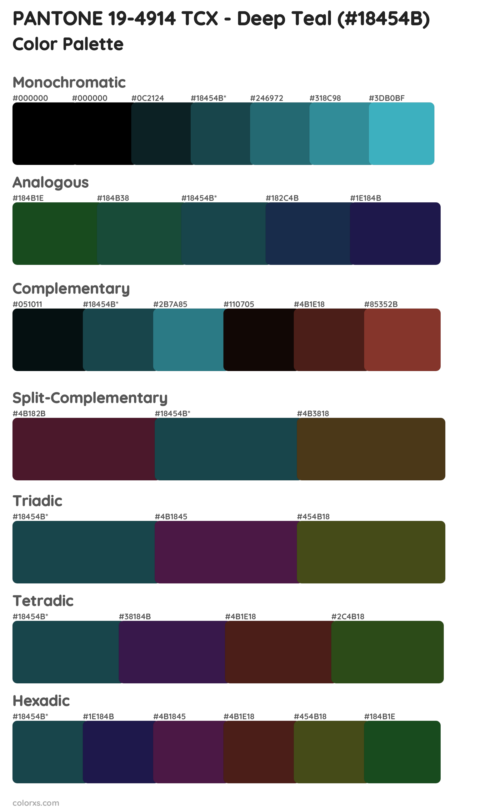 PANTONE 19-4914 TCX - Deep Teal Color Scheme Palettes