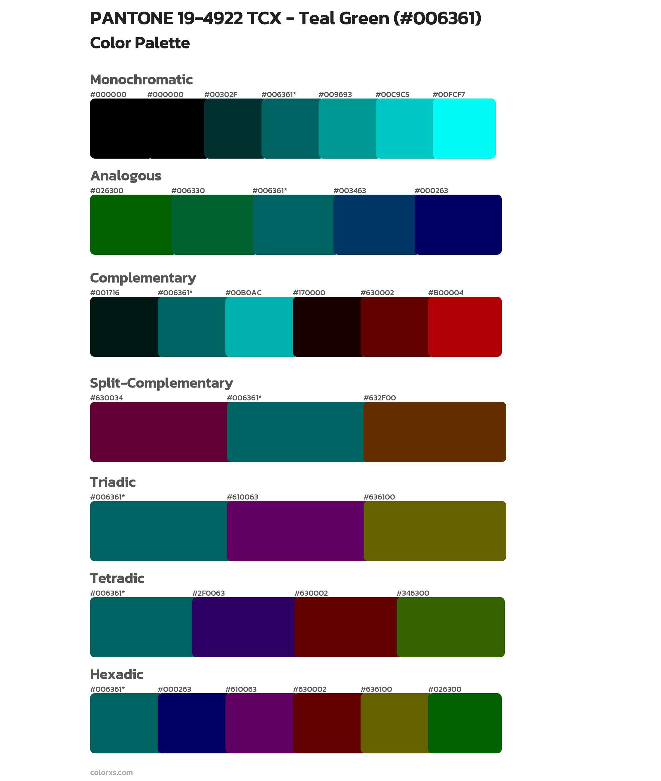 PANTONE 19-4922 TCX - Teal Green Color Scheme Palettes