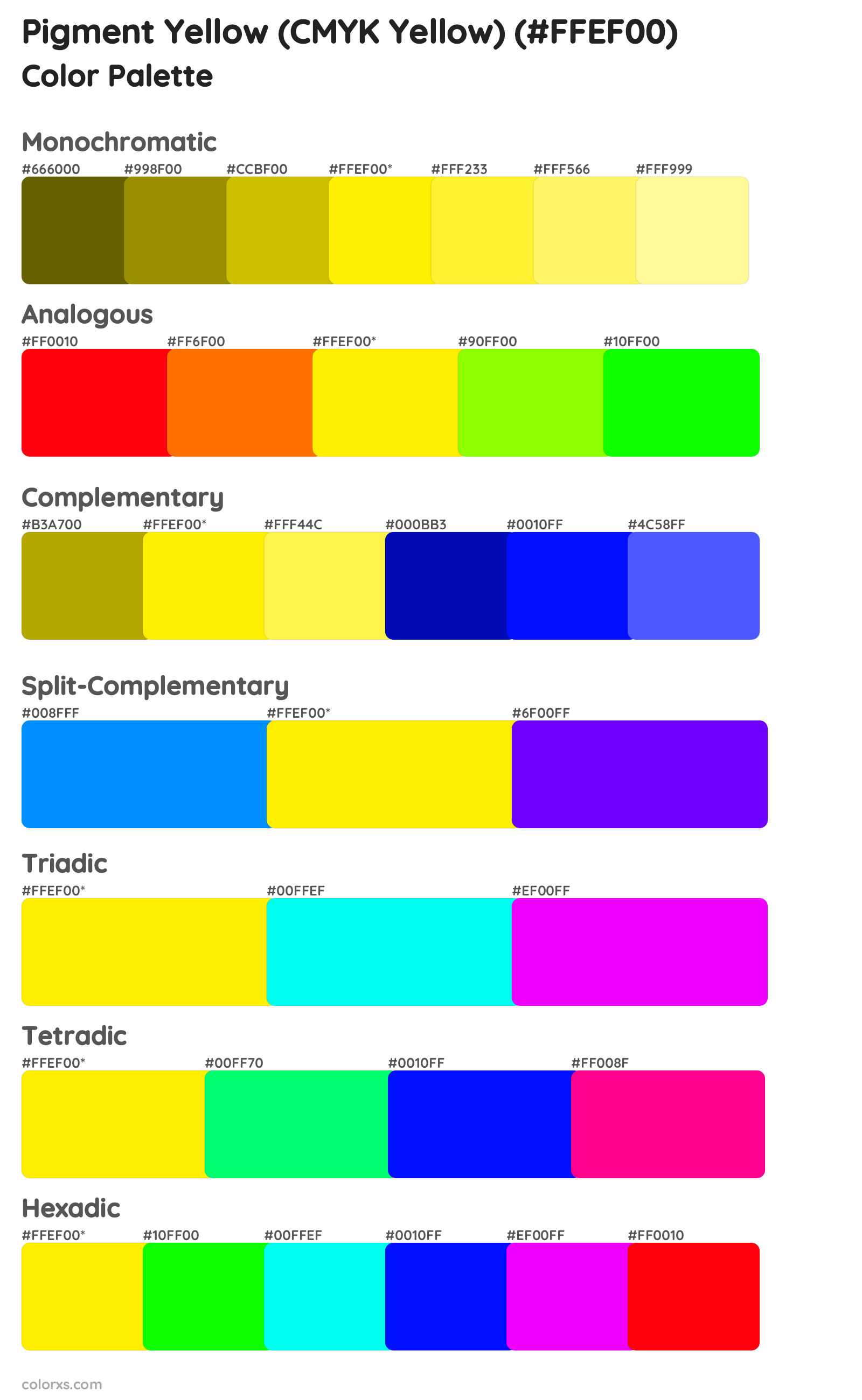 Pigment Yellow (CMYK Yellow) Color Scheme Palettes