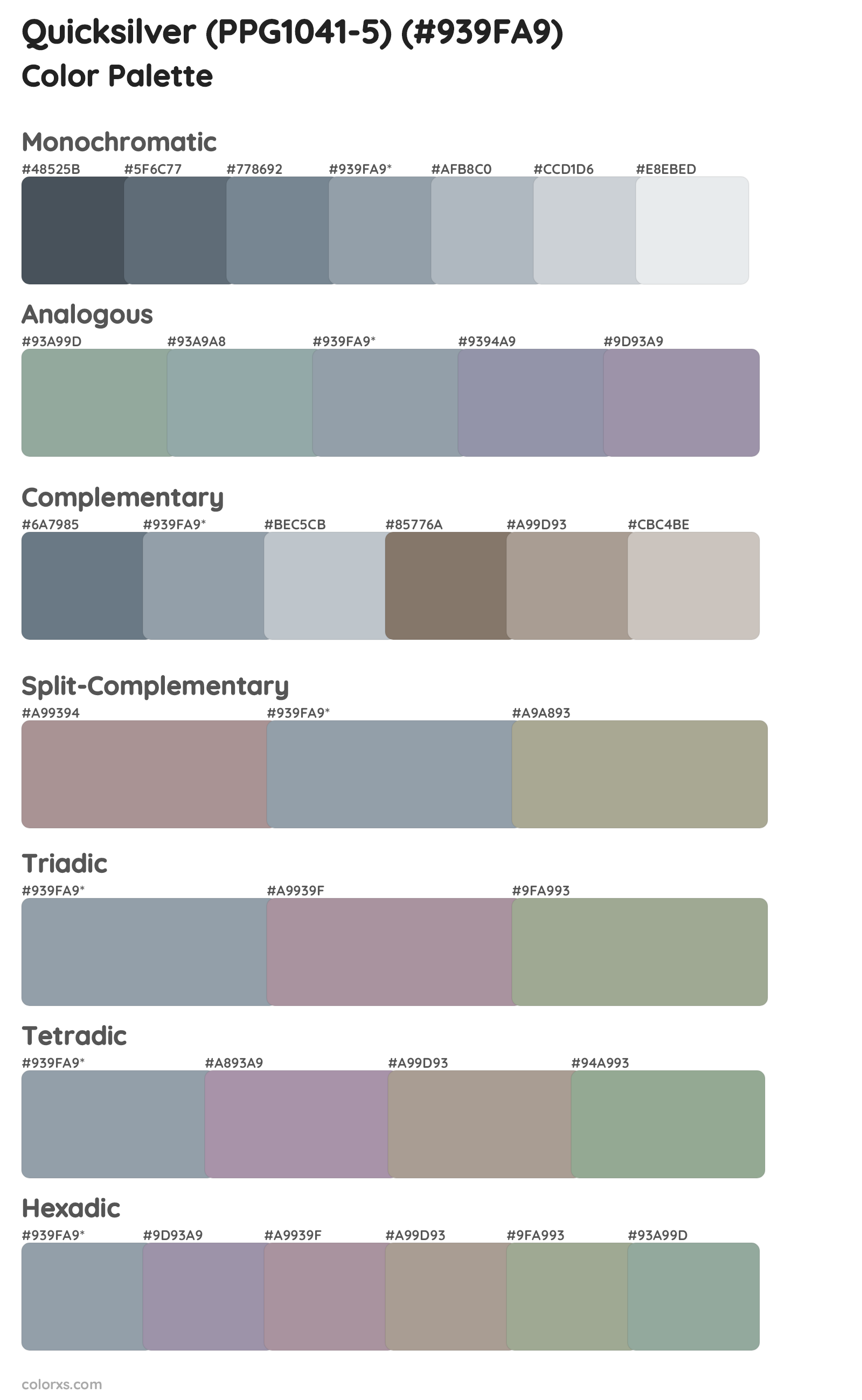 Quicksilver (PPG1041-5) Color Scheme Palettes