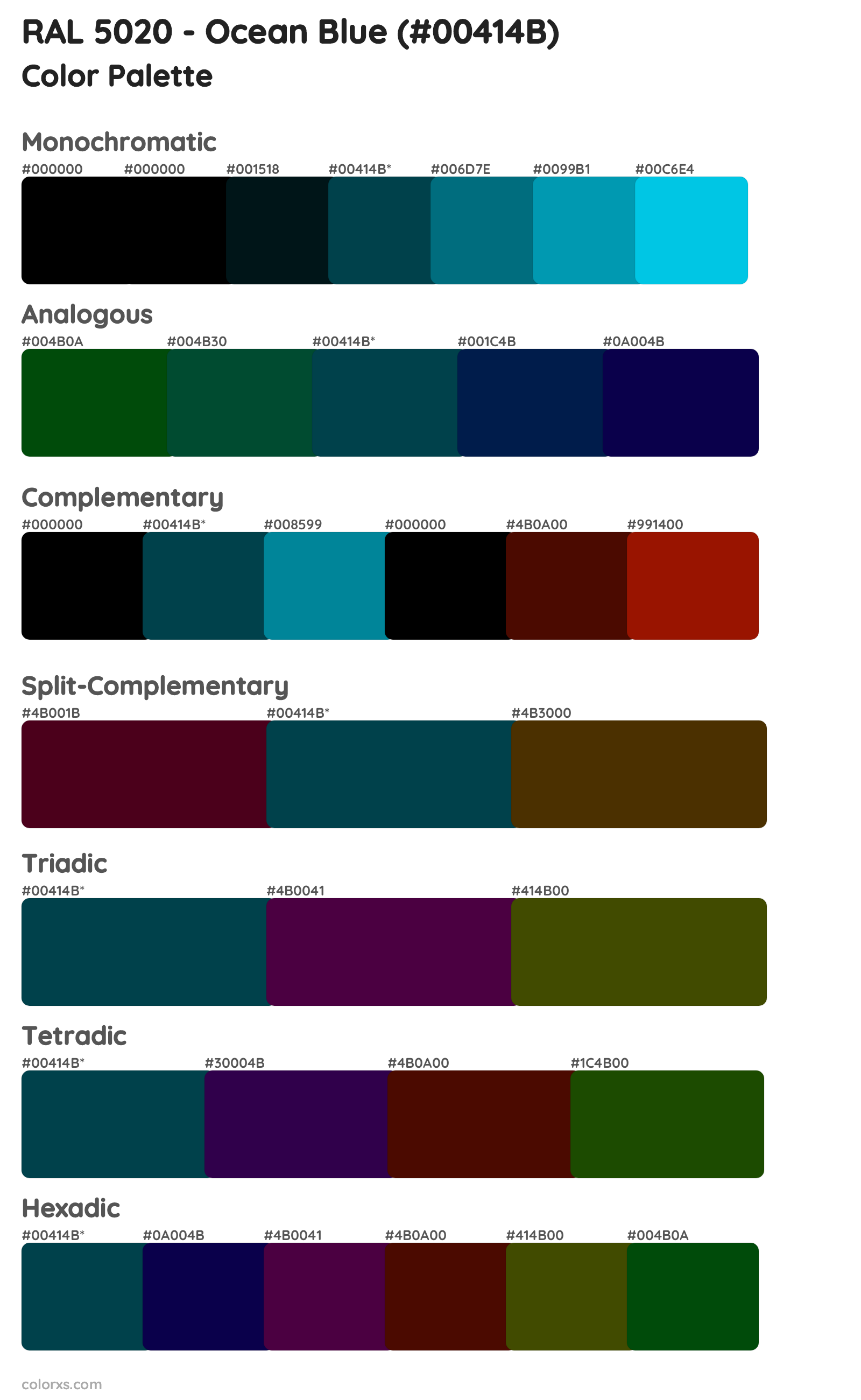 RAL 5020 - Ocean Blue Color Scheme Palettes