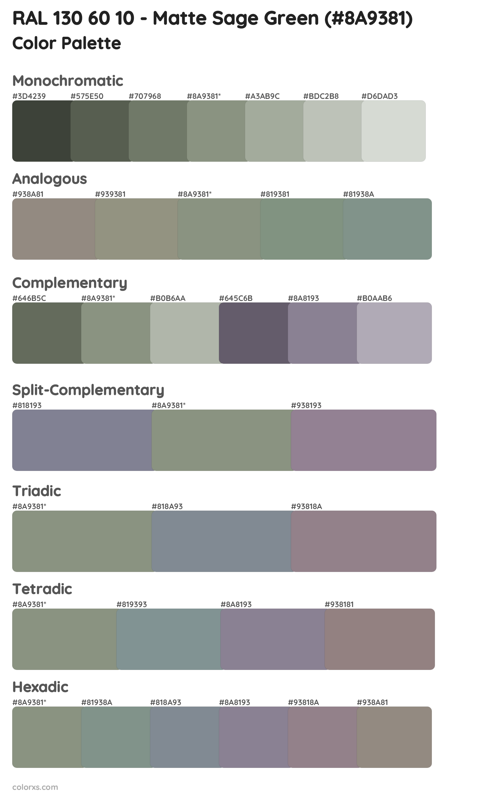 RAL 130 60 10 - Matte Sage Green Color Scheme Palettes