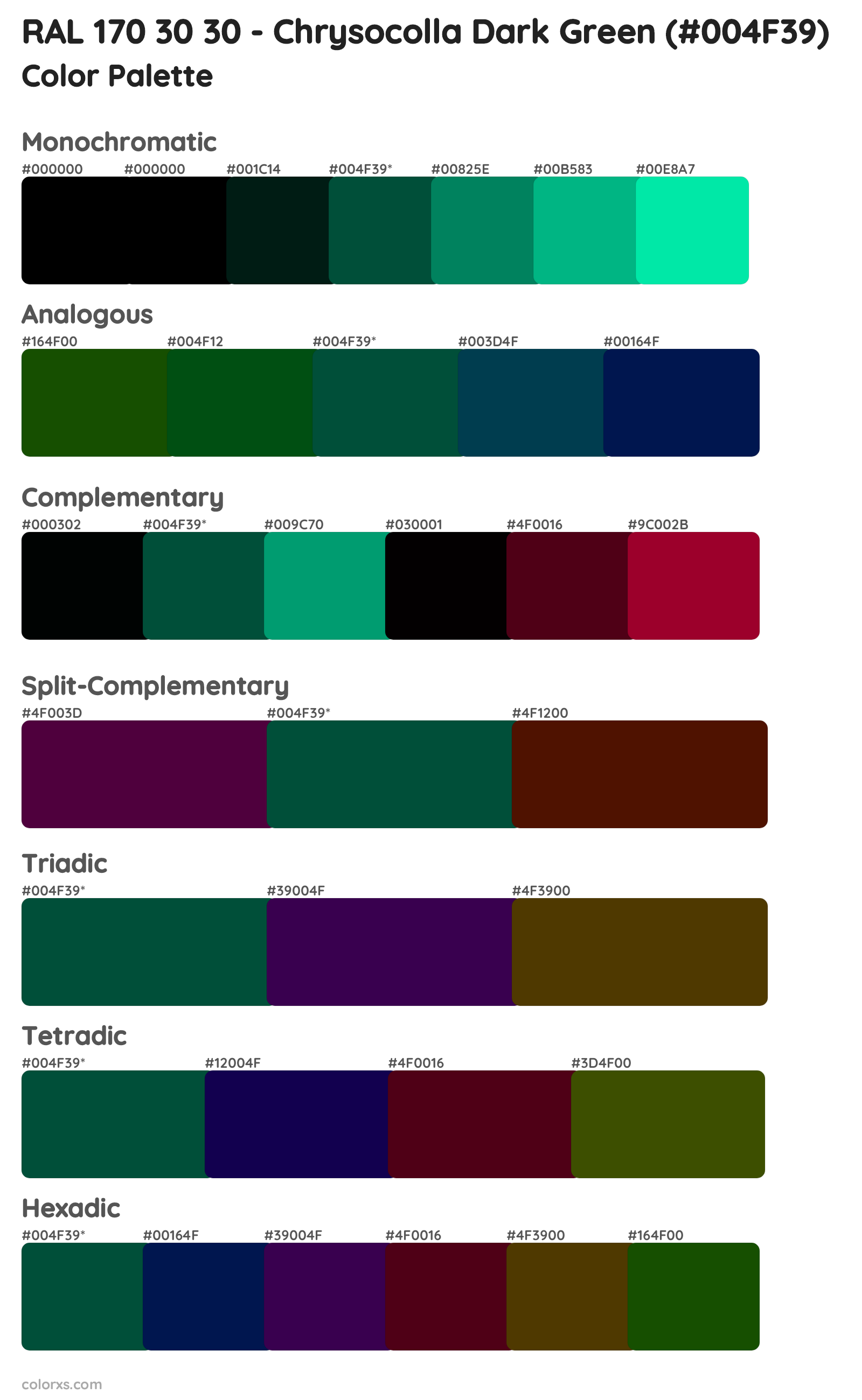 RAL 170 30 30 - Chrysocolla Dark Green Color Scheme Palettes