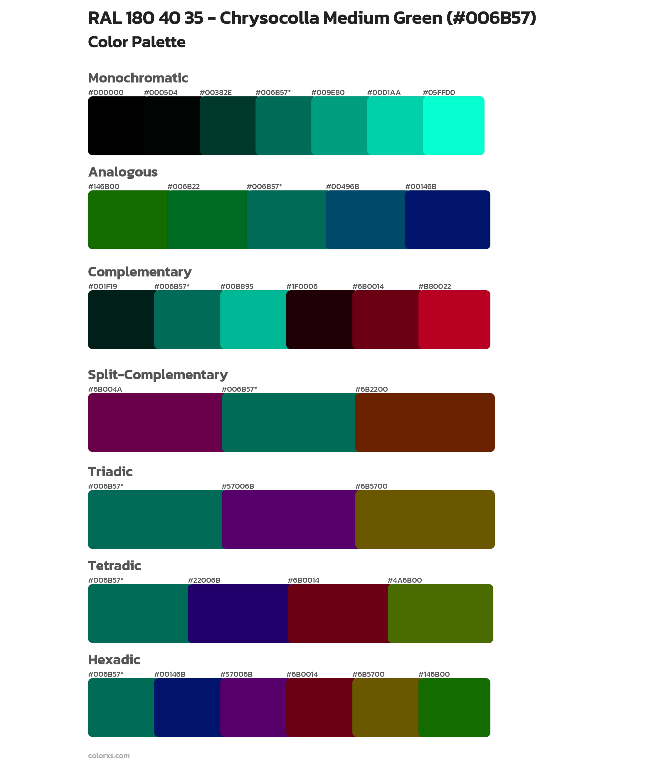 RAL 180 40 35 - Chrysocolla Medium Green Color Scheme Palettes