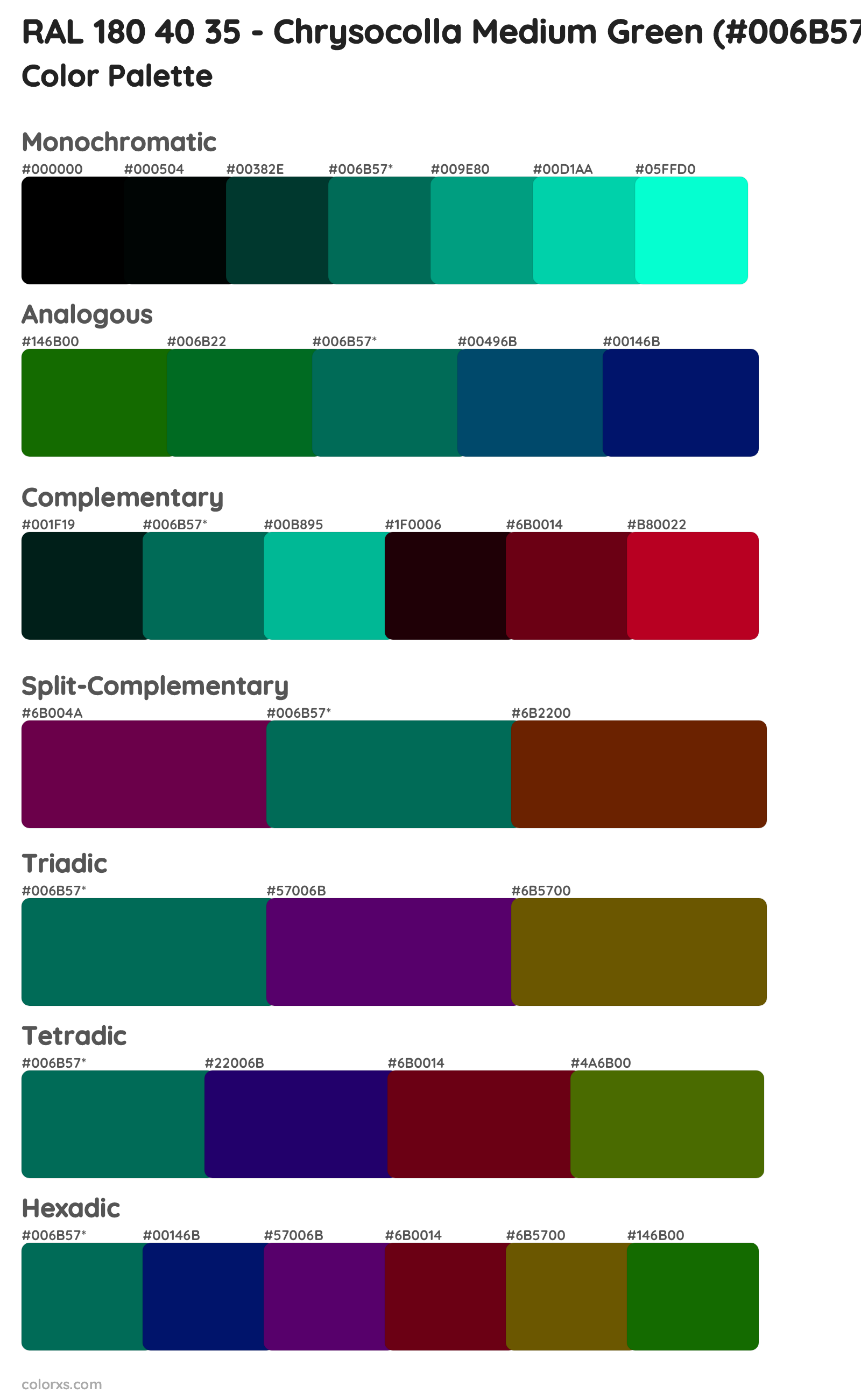 RAL 180 40 35 - Chrysocolla Medium Green Color Scheme Palettes