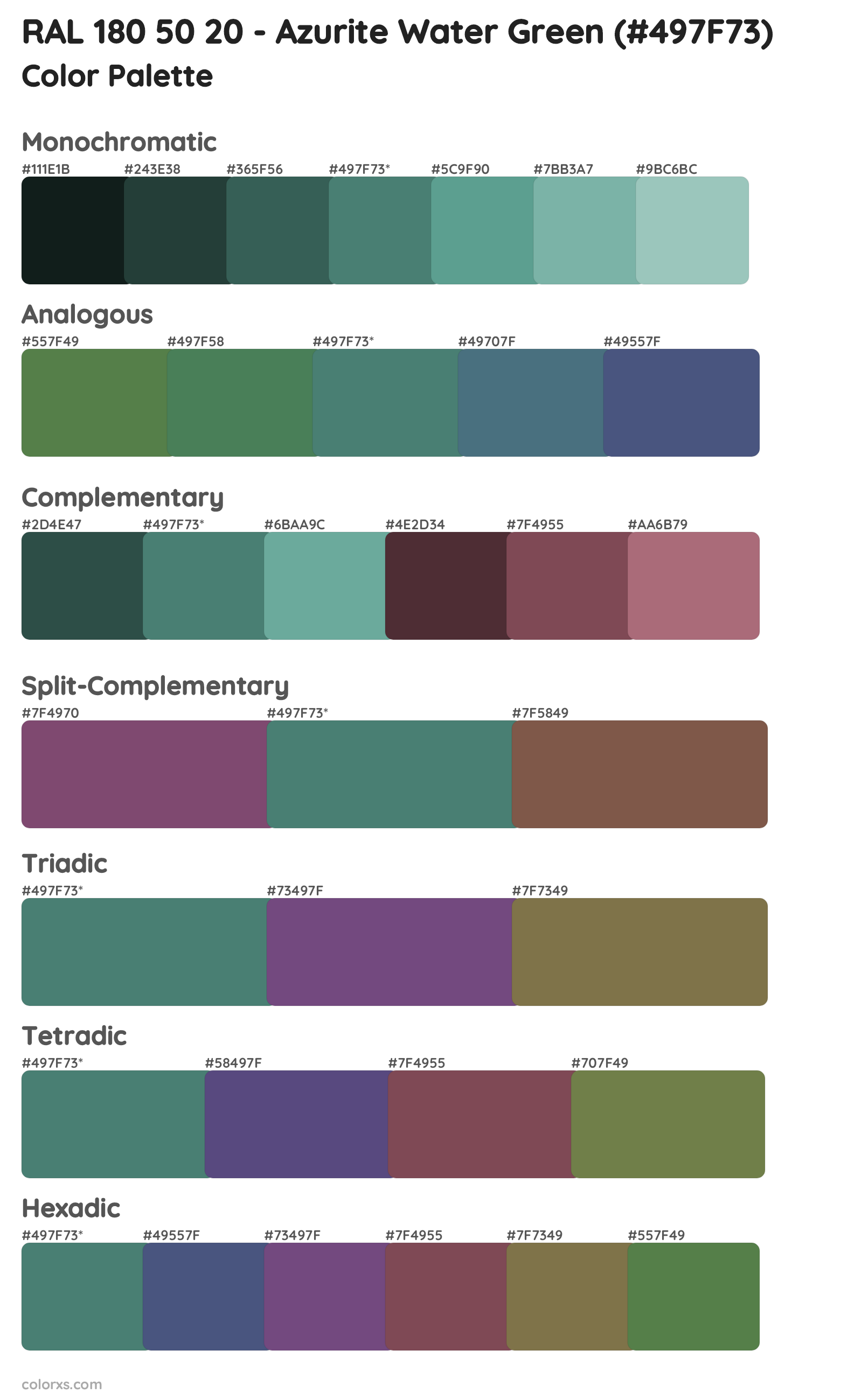 RAL 180 50 20 - Azurite Water Green Color Scheme Palettes