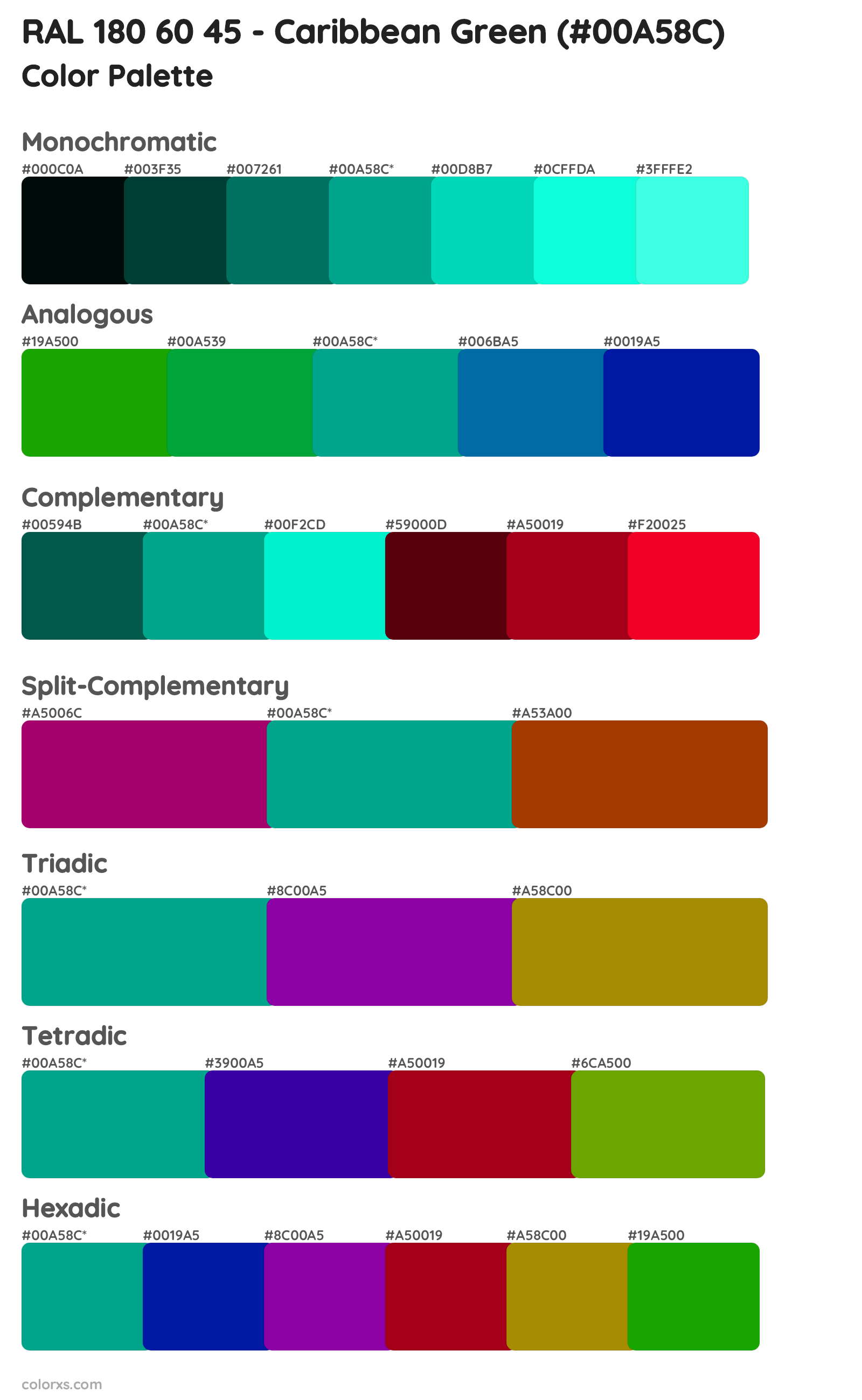 RAL 180 60 45 - Caribbean Green Color Scheme Palettes