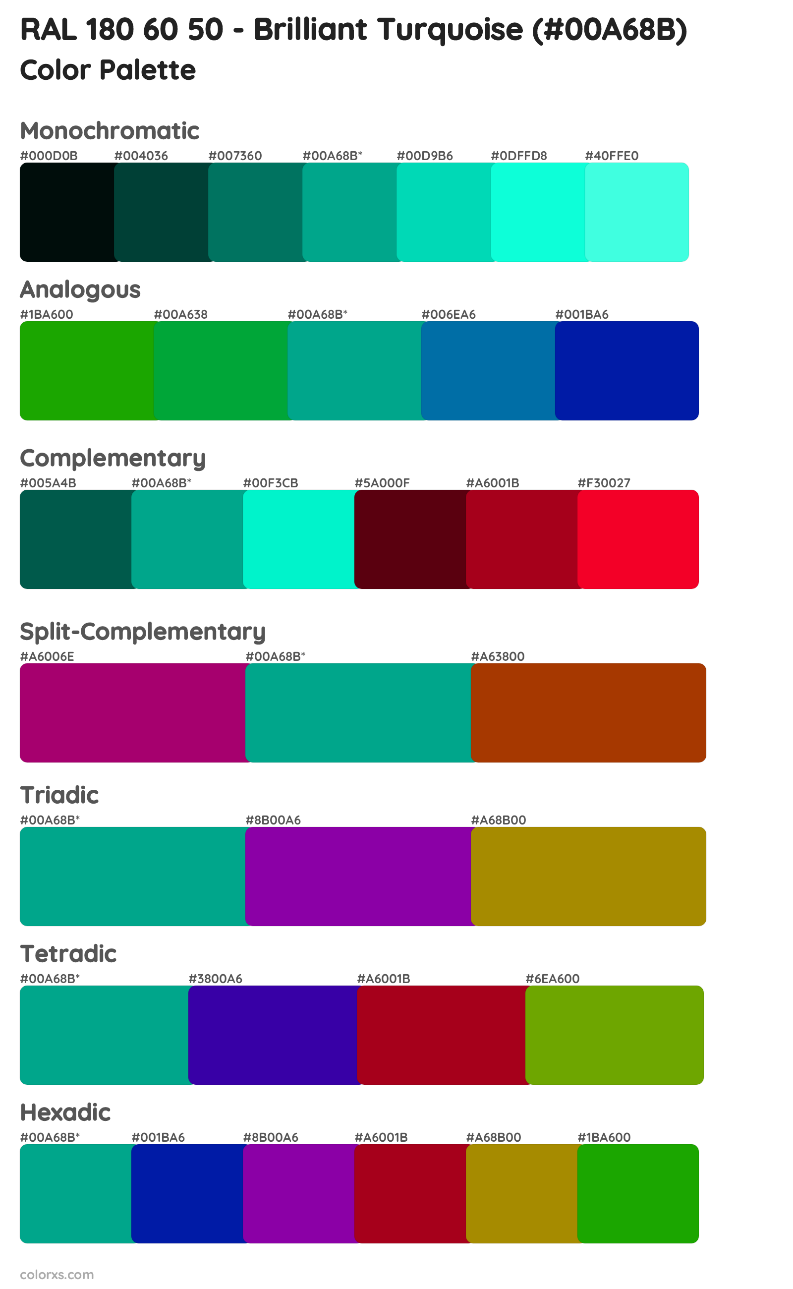 RAL 180 60 50 - Brilliant Turquoise Color Scheme Palettes