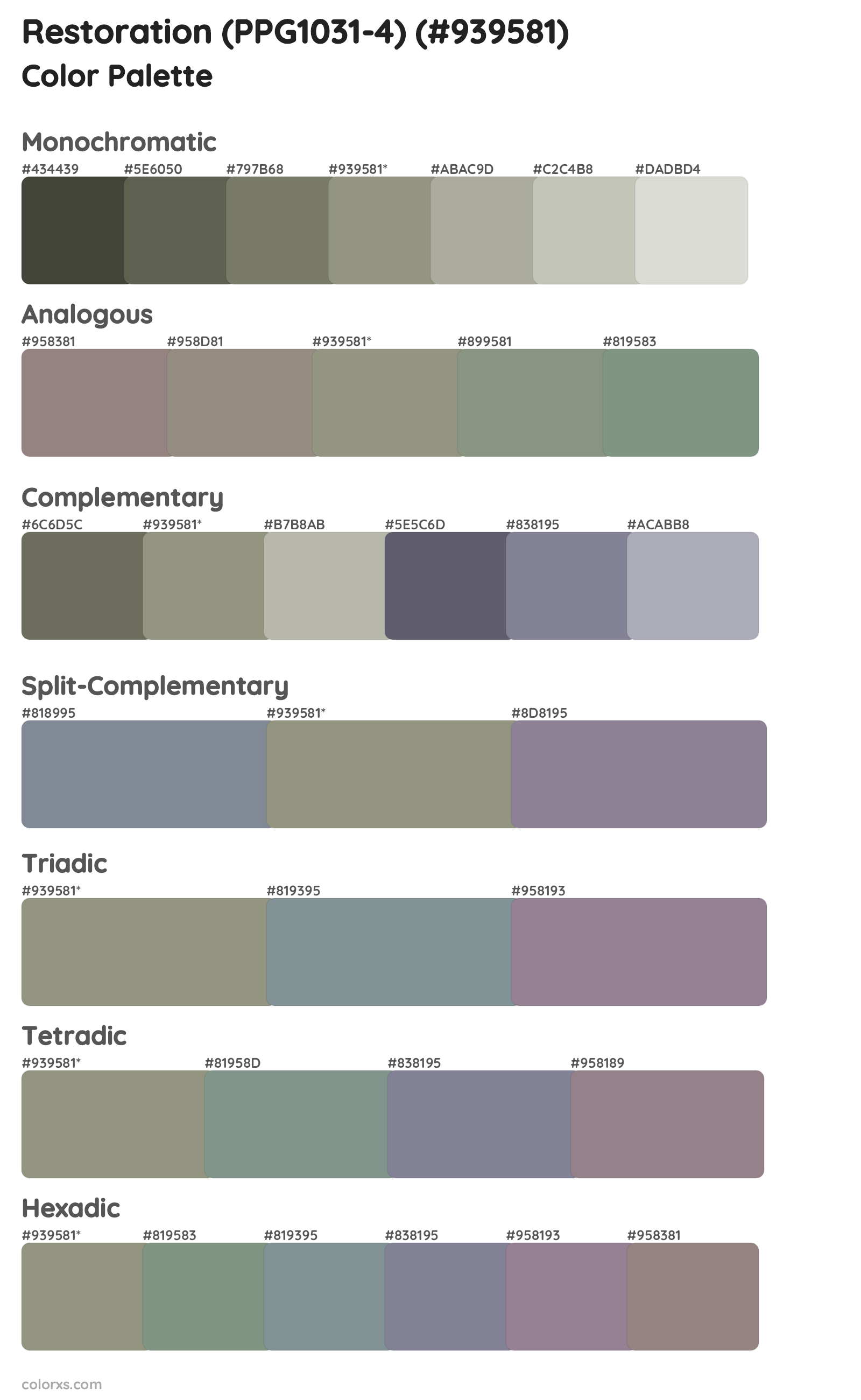 Restoration (PPG1031-4) Color Scheme Palettes