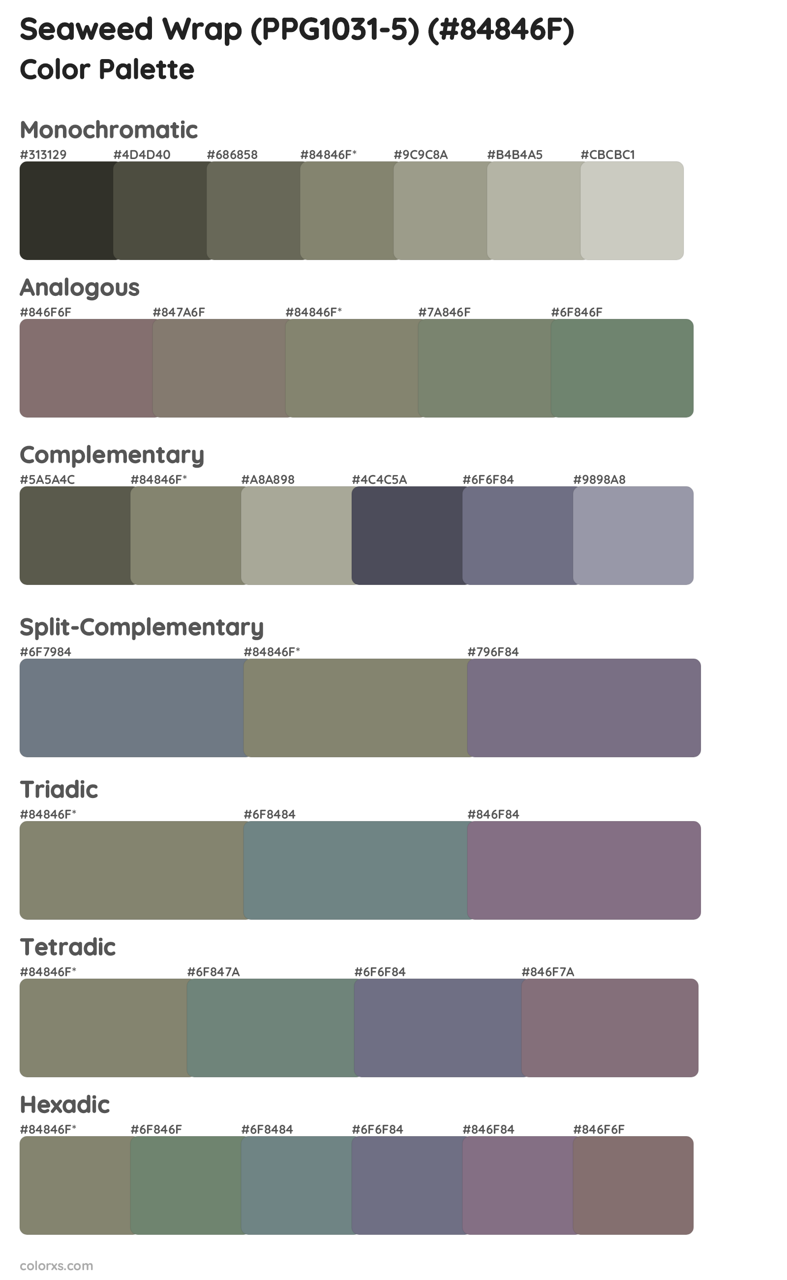 Seaweed Wrap (PPG1031-5) Color Scheme Palettes