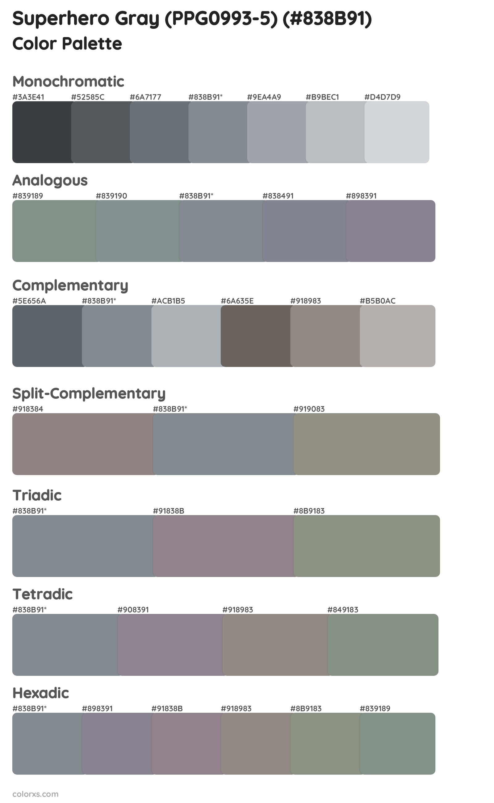 Superhero Gray (PPG0993-5) Color Scheme Palettes