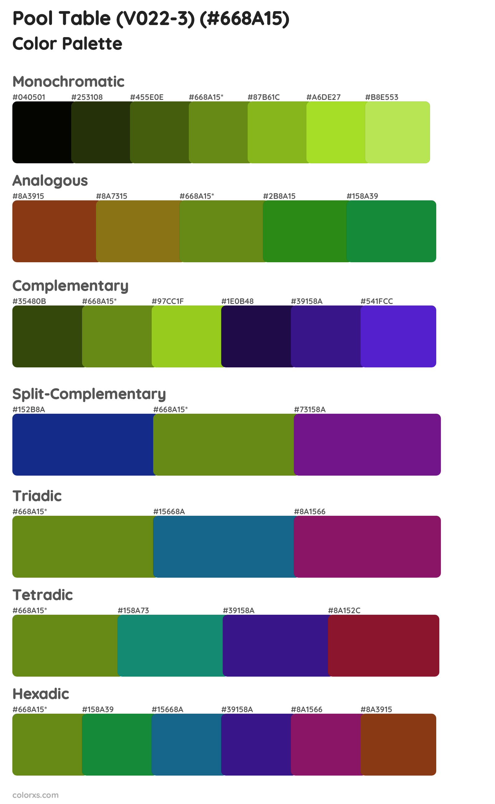 Pool Table (V022-3) Color Scheme Palettes