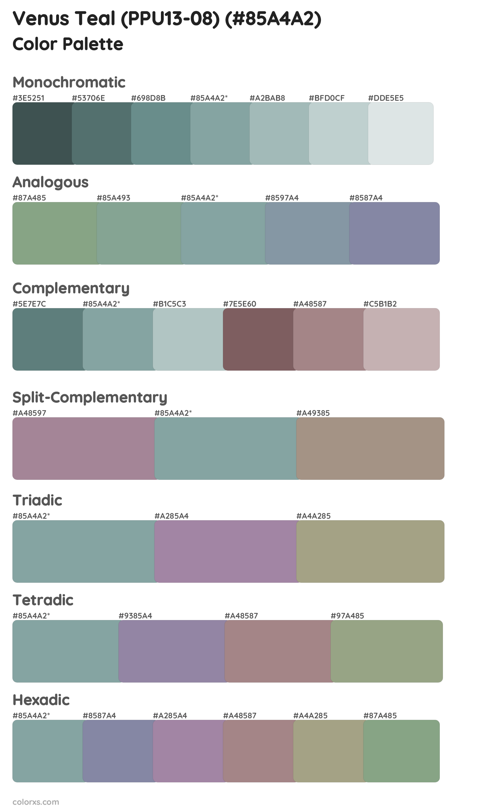 Venus Teal (PPU13-08) Color Scheme Palettes