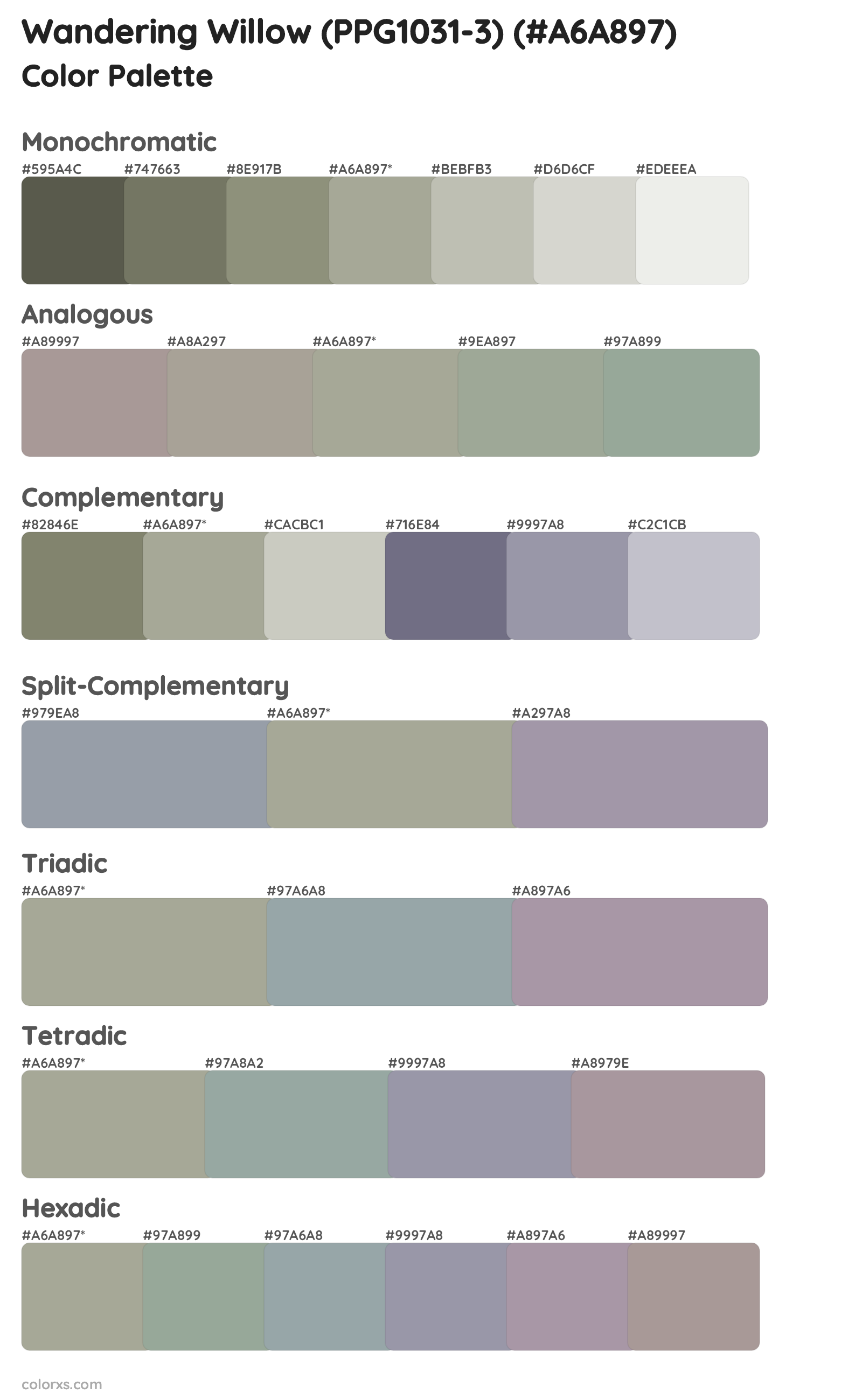 Wandering Willow (PPG1031-3) Color Scheme Palettes