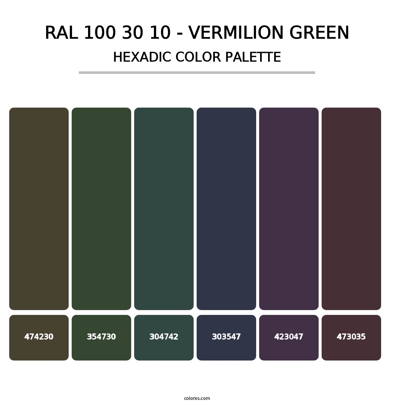 RAL 100 30 10 - Vermilion Green - Hexadic Color Palette