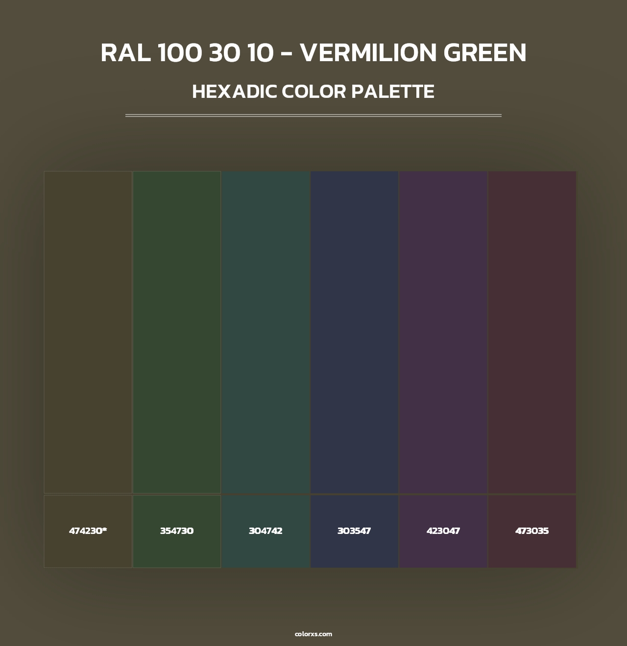 RAL 100 30 10 - Vermilion Green - Hexadic Color Palette