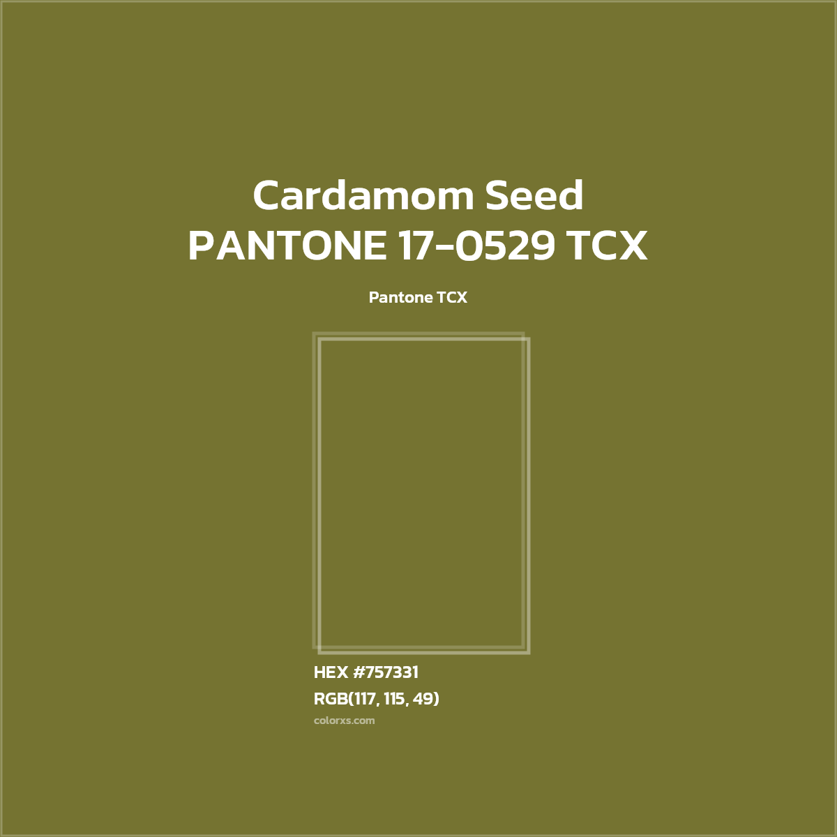HEX #757331 PANTONE 17-0529 TCX - Cardamom Seed CMS Pantone TCX - Color Code